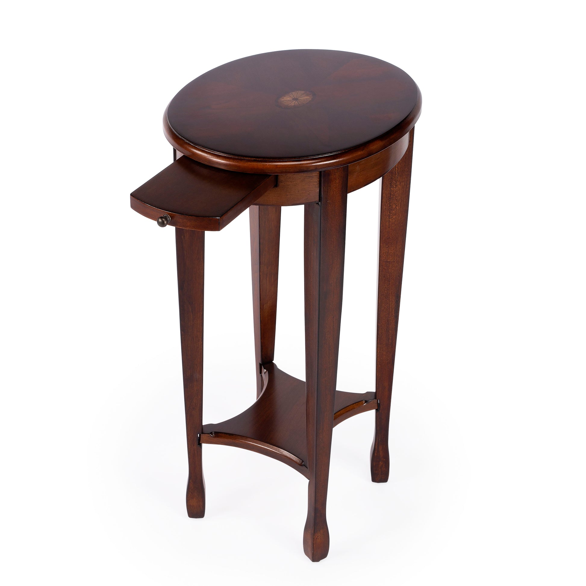 Butler Specialty Company Arielle 12.5 in. W Round Wood Petite Side Table with Pull-Out Tray and Lower Open Shelf, Dark Brown