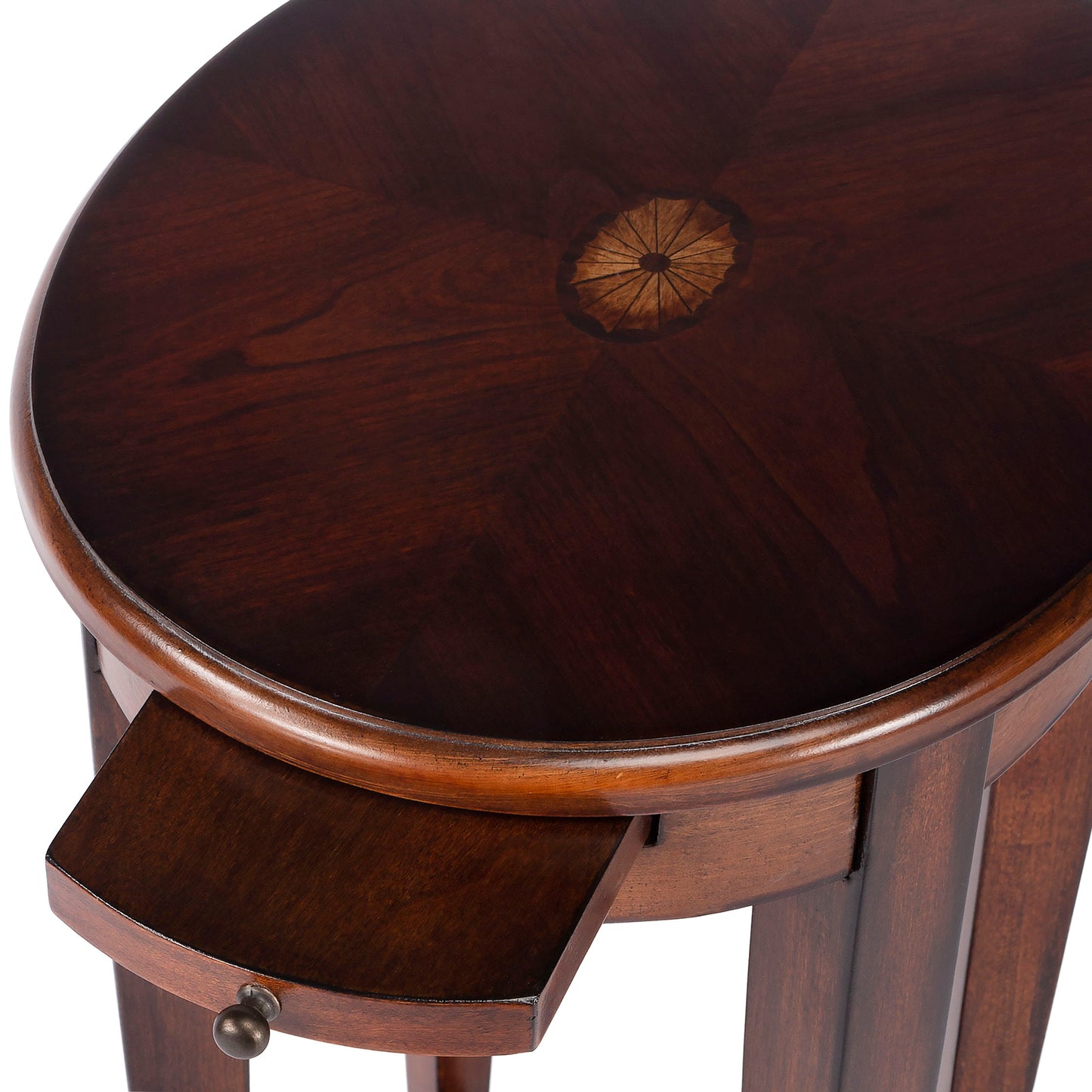 Butler Specialty Company Arielle 12.5 in. W Round Wood Petite Side Table with Pull-Out Tray and Lower Open Shelf, Dark Brown