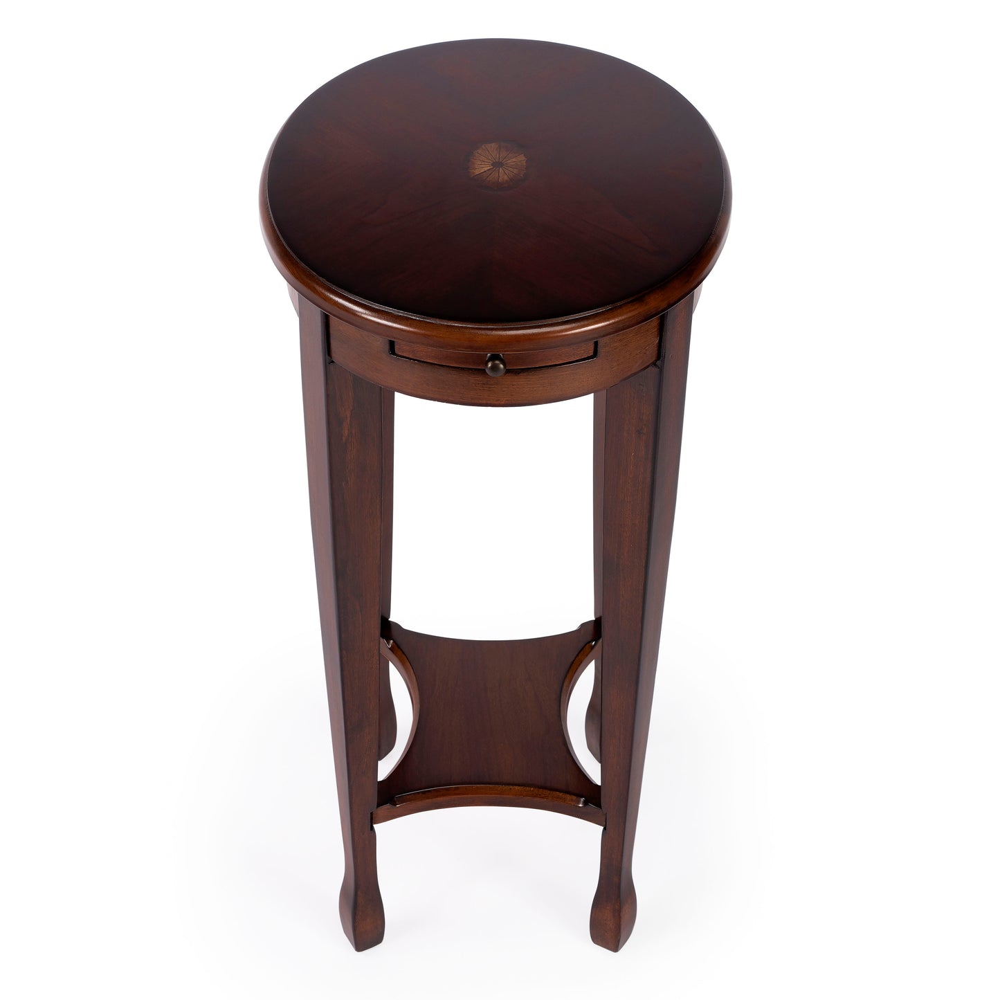 Butler Specialty Company Arielle 12.5 in. W Round Wood Petite Side Table with Pull-Out Tray and Lower Open Shelf, Dark Brown