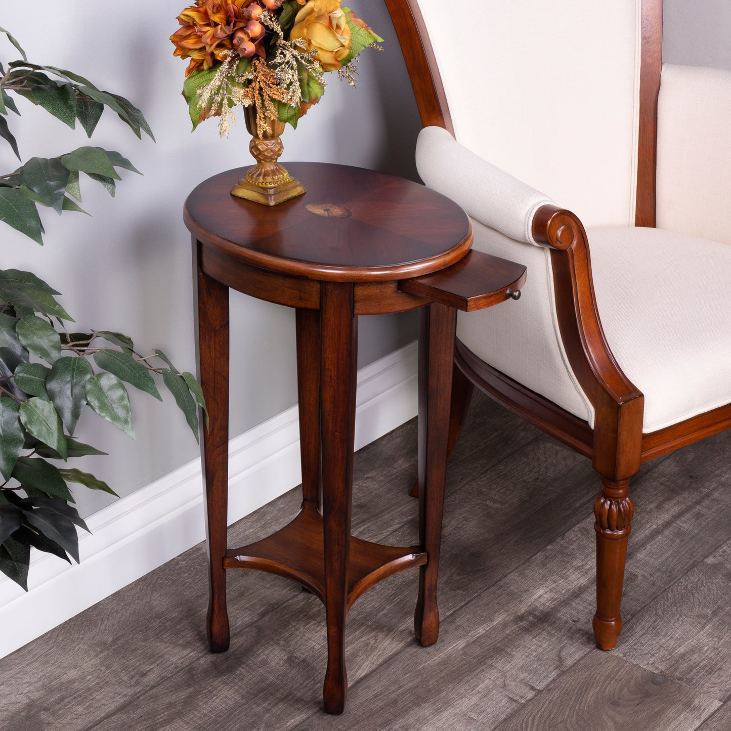 Butler Specialty Company Arielle 12.5 in. W Round Wood Petite Side Table with Pull-Out Tray and Lower Open Shelf, Dark Brown