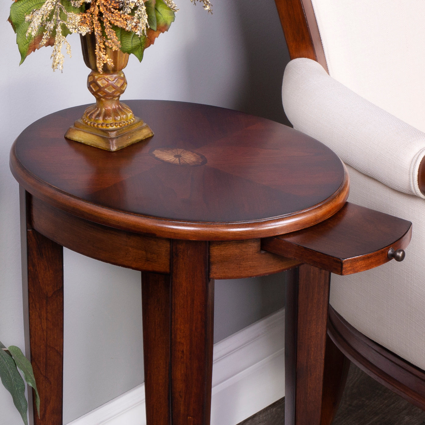 Butler Specialty Company Arielle 12.5 in. W Round Wood Petite Side Table with Pull-Out Tray and Lower Open Shelf, Dark Brown
