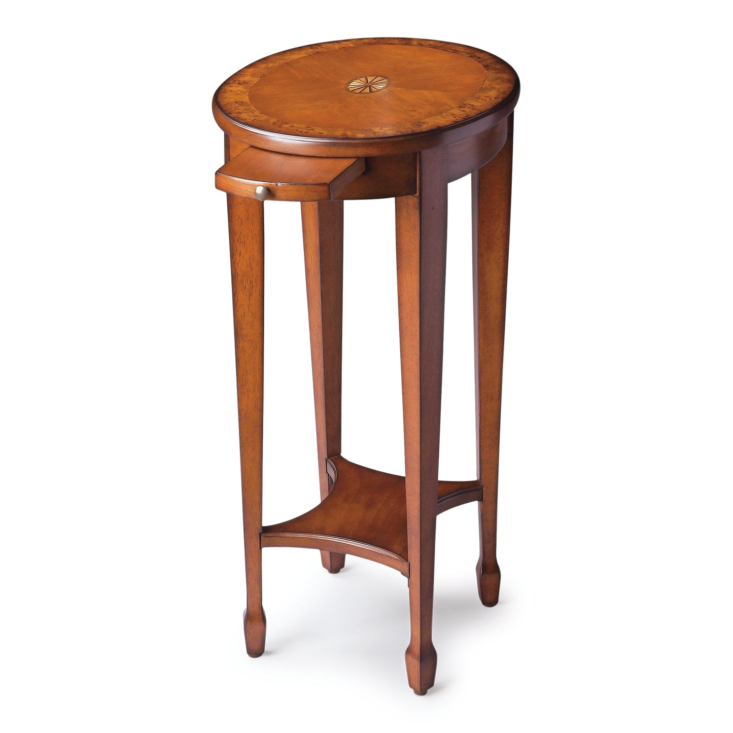 Butler Specialty Company Arielle 12.5 in. W Round Wood Petite Side Table with Pull-Out Tray and Lower Open Shelf, Medium Brown