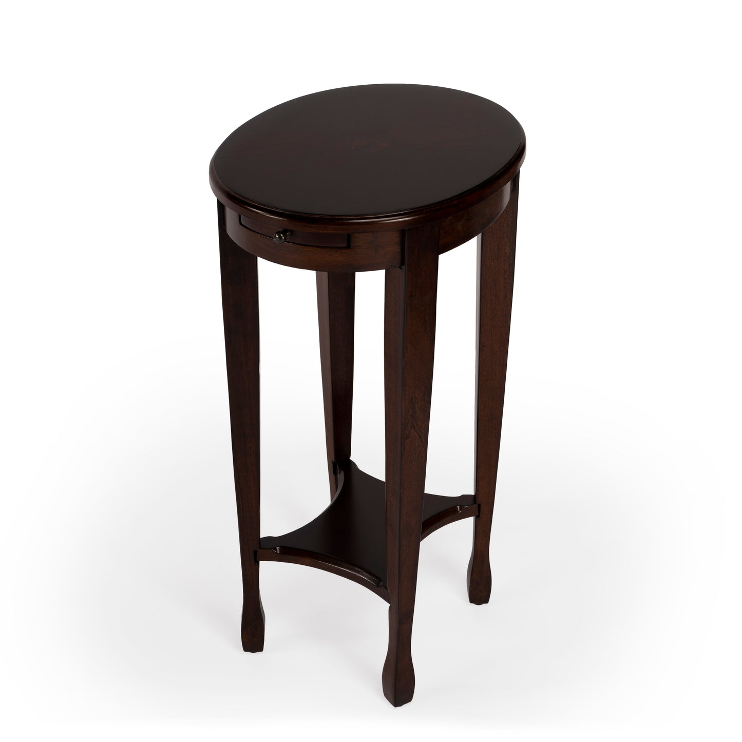 Butler Specialty Company Arielle 12.5 in. W Round Wood Petite Side Table with Pull-Out Tray and Lower Open Shelf, Dark Brown