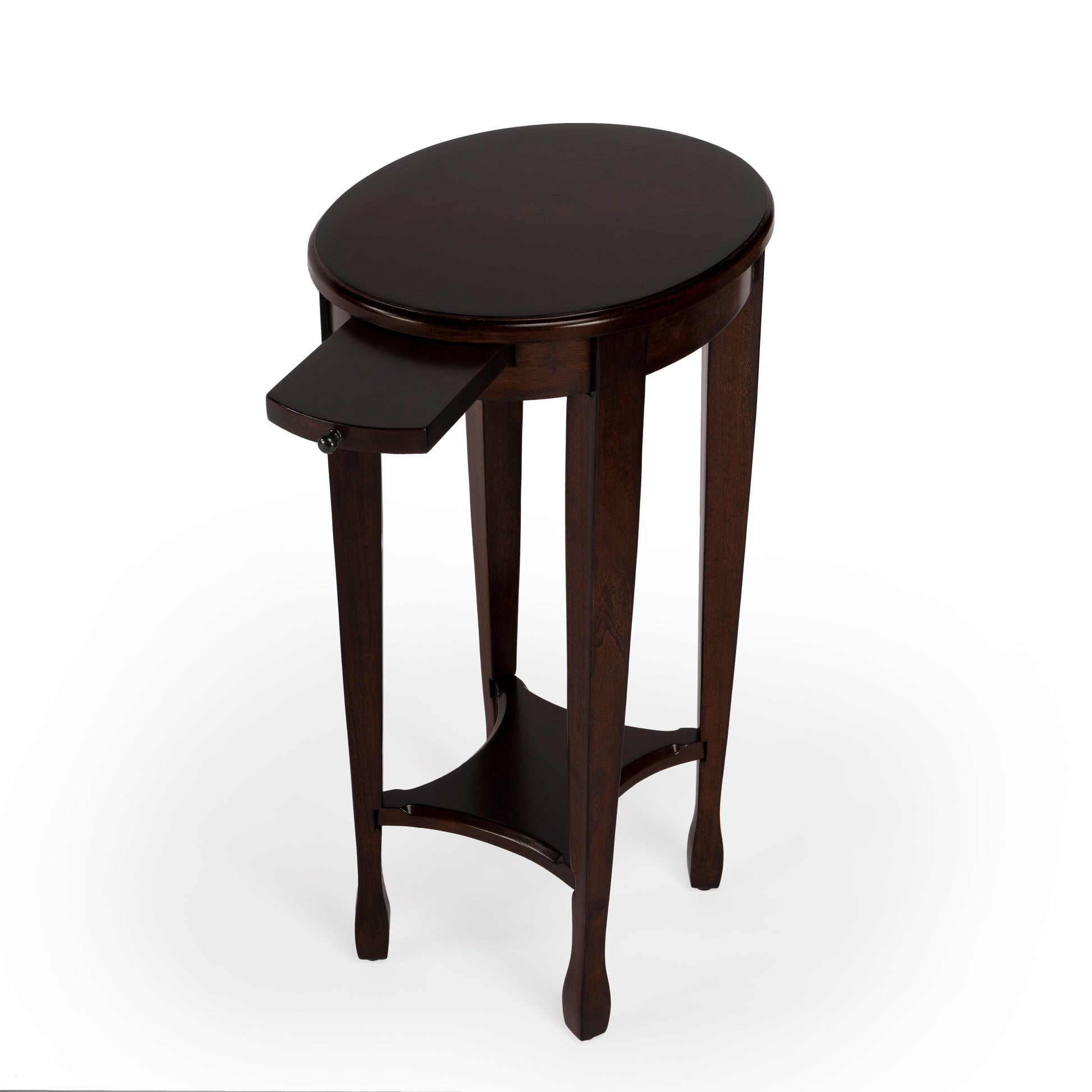Butler Specialty Company Arielle 12.5 in. W Round Wood Petite Side Table with Pull-Out Tray and Lower Open Shelf, Dark Brown