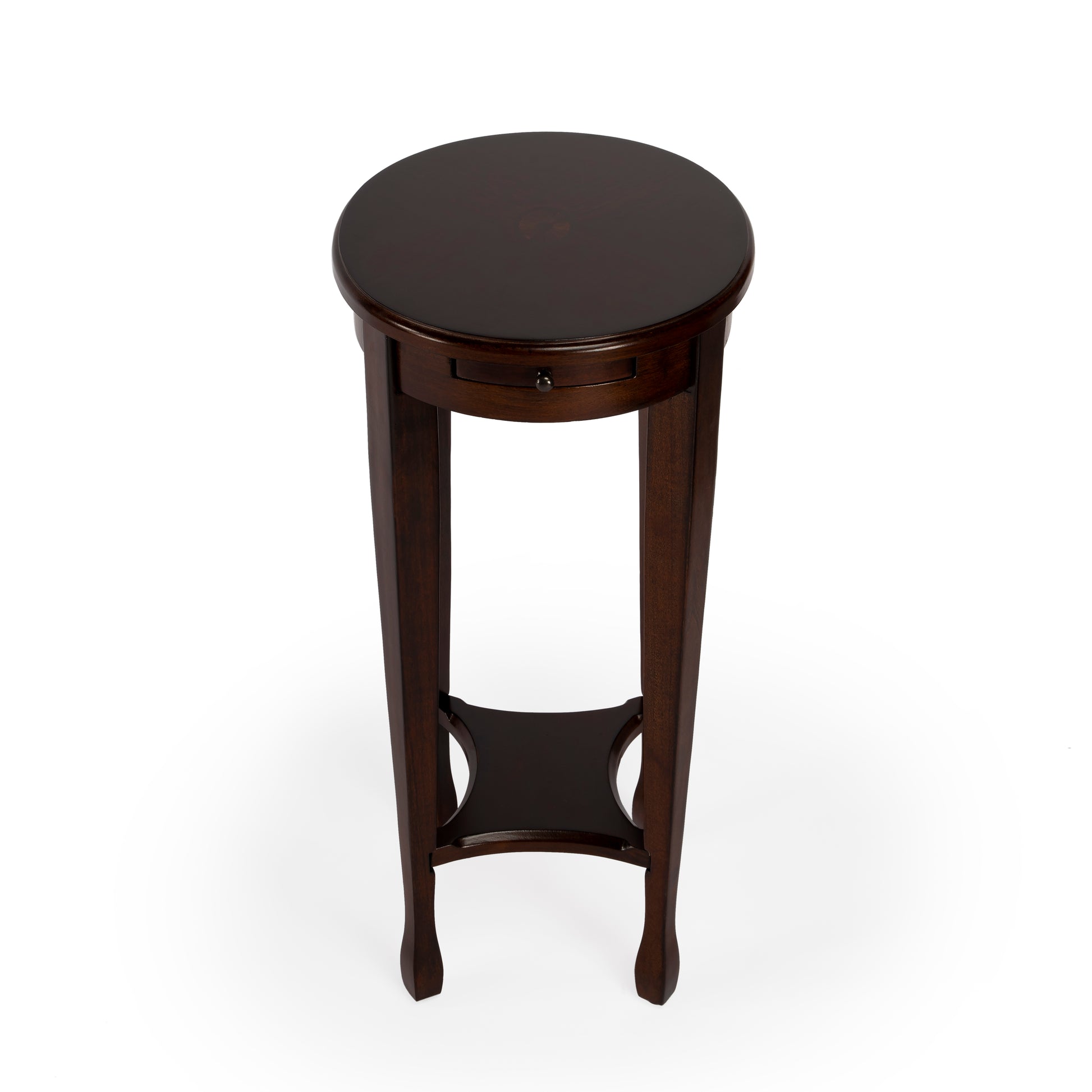Butler Specialty Company Arielle 12.5 in. W Round Wood Petite Side Table with Pull-Out Tray and Lower Open Shelf, Dark Brown