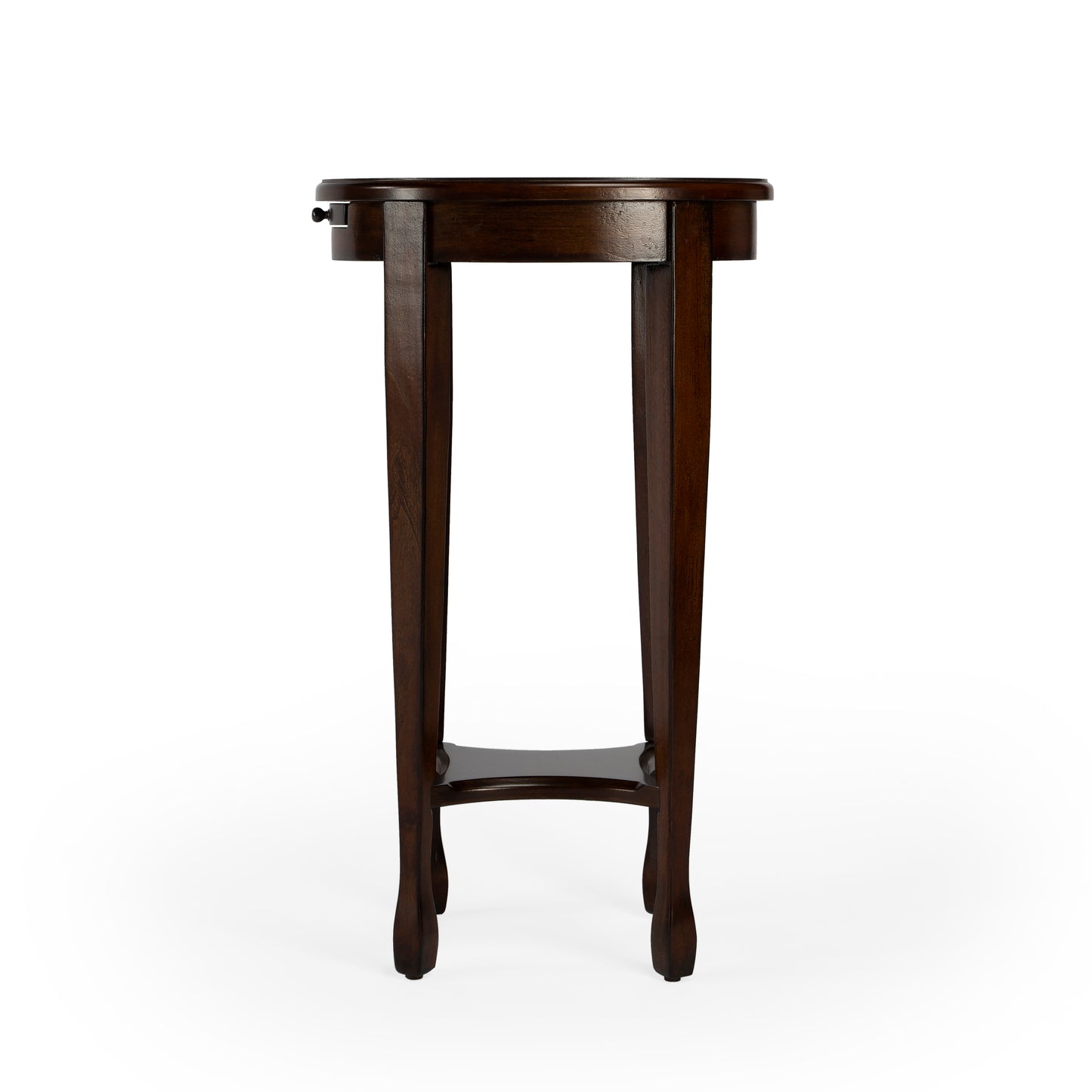 Butler Specialty Company Arielle 12.5 in. W Round Wood Petite Side Table with Pull-Out Tray and Lower Open Shelf, Dark Brown