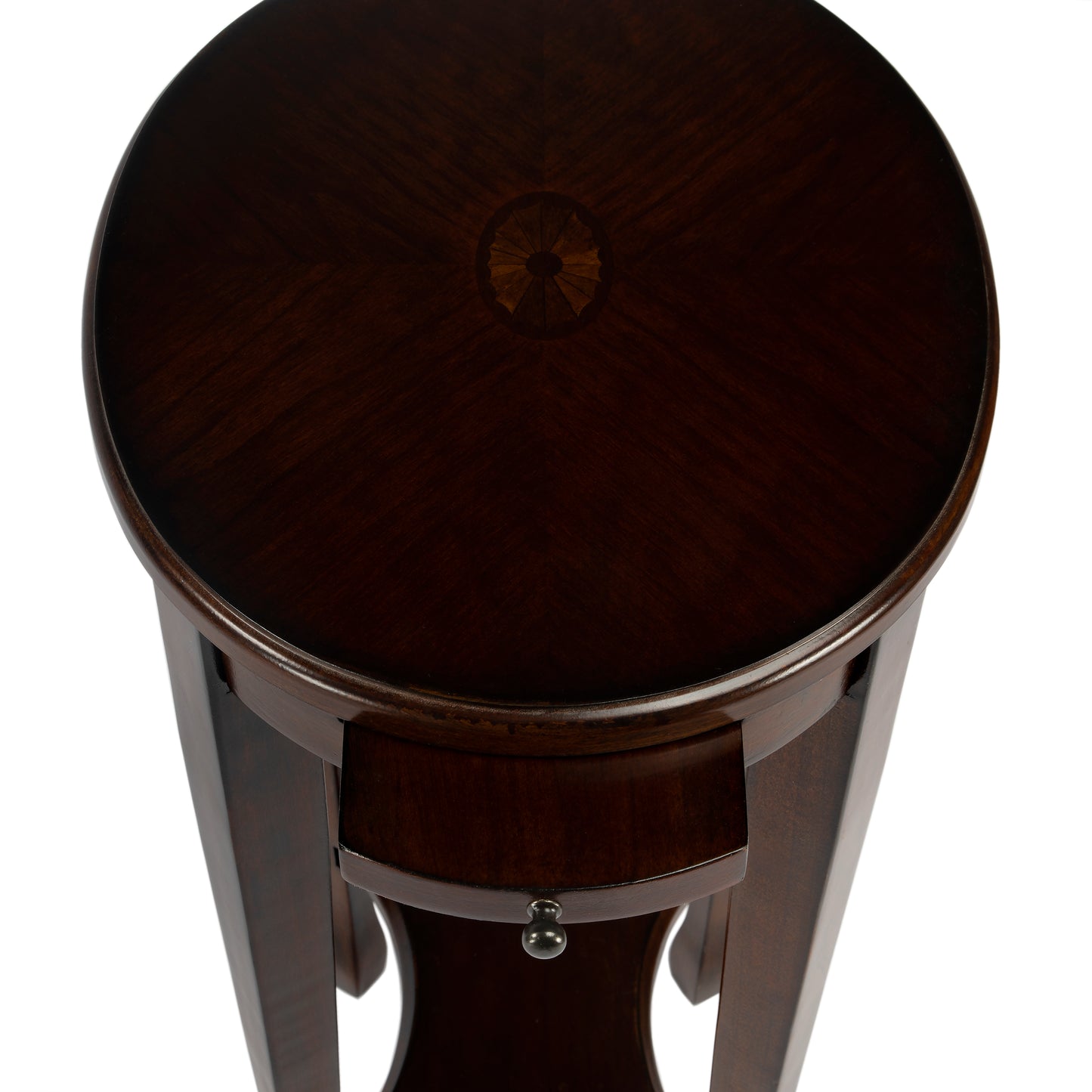 Butler Specialty Company Arielle 12.5 in. W Round Wood Petite Side Table with Pull-Out Tray and Lower Open Shelf, Dark Brown