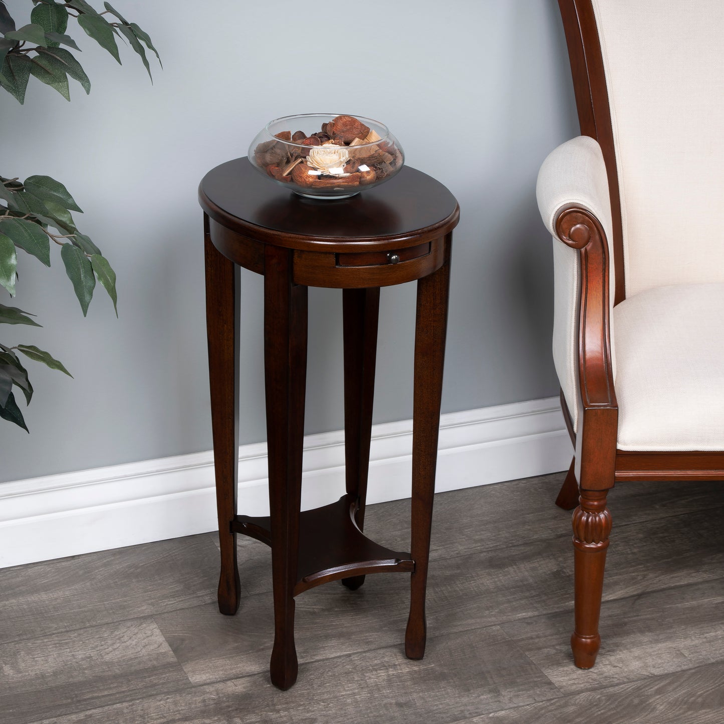 Butler Specialty Company Arielle 12.5 in. W Round Wood Petite Side Table with Pull-Out Tray and Lower Open Shelf, Dark Brown