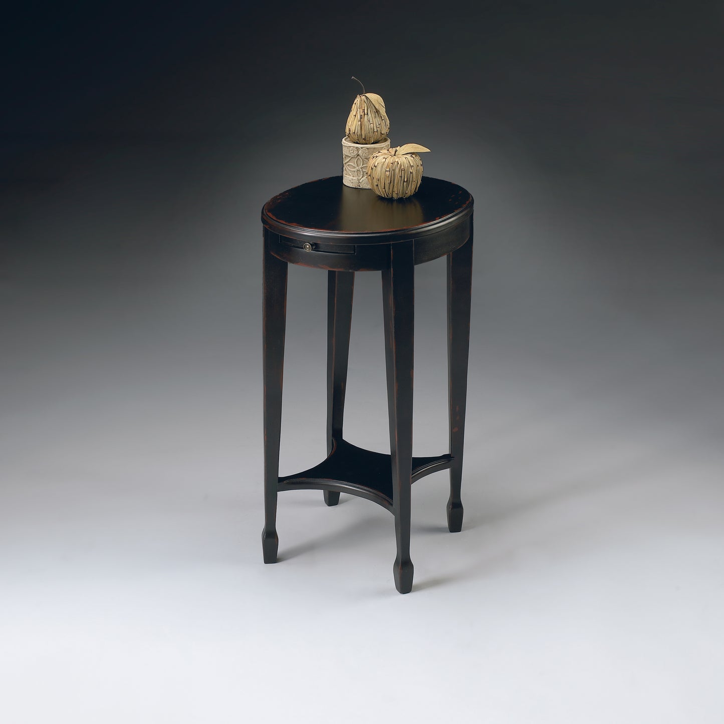 Butler Specialty Company Arielle 12.5 in. W Round Wood Petite Side Table with Pull-Out Tray and Lower Open Shelf, Black