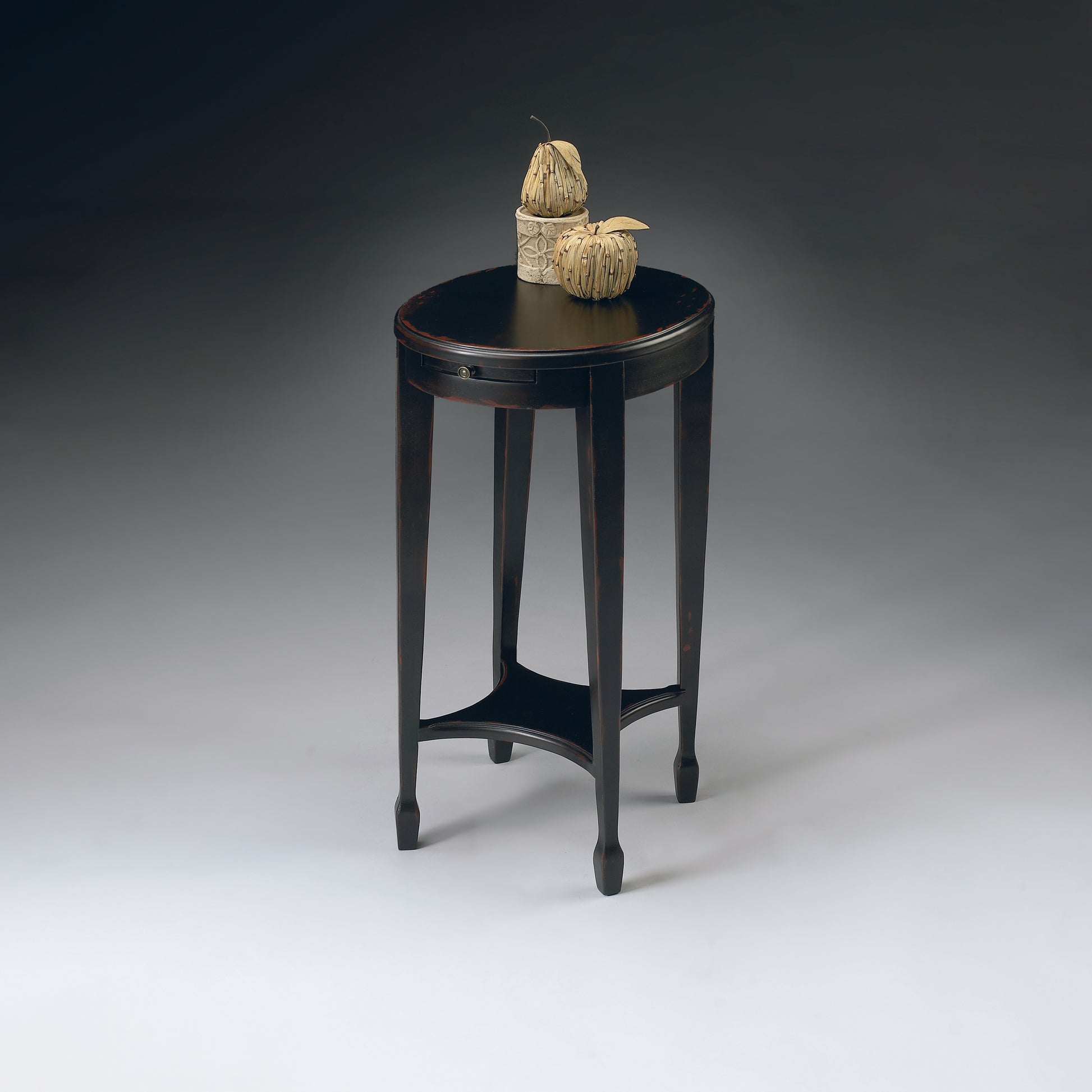 Butler Specialty Company Arielle 12.5 in. W Round Wood Petite Side Table with Pull-Out Tray and Lower Open Shelf, Black