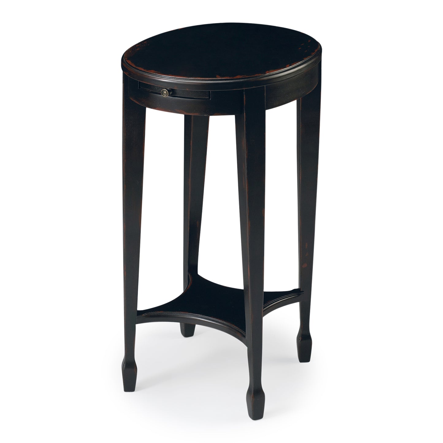 Butler Specialty Company Arielle 12.5 in. W Round Wood Petite Side Table with Pull-Out Tray and Lower Open Shelf, Black