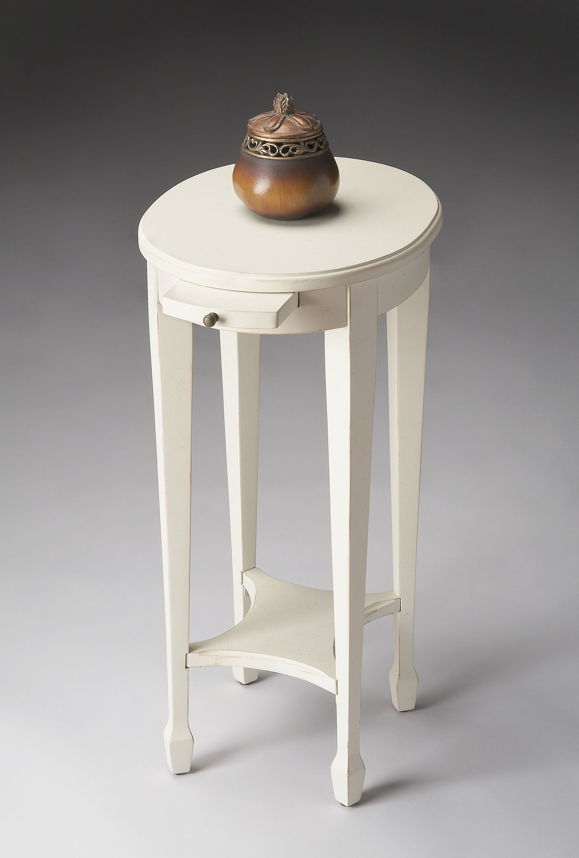 Butler Specialty Company Arielle 12.5 in. W Round Wood Petite Side Table with Pull-Out Tray and Lower Open Shelf, White