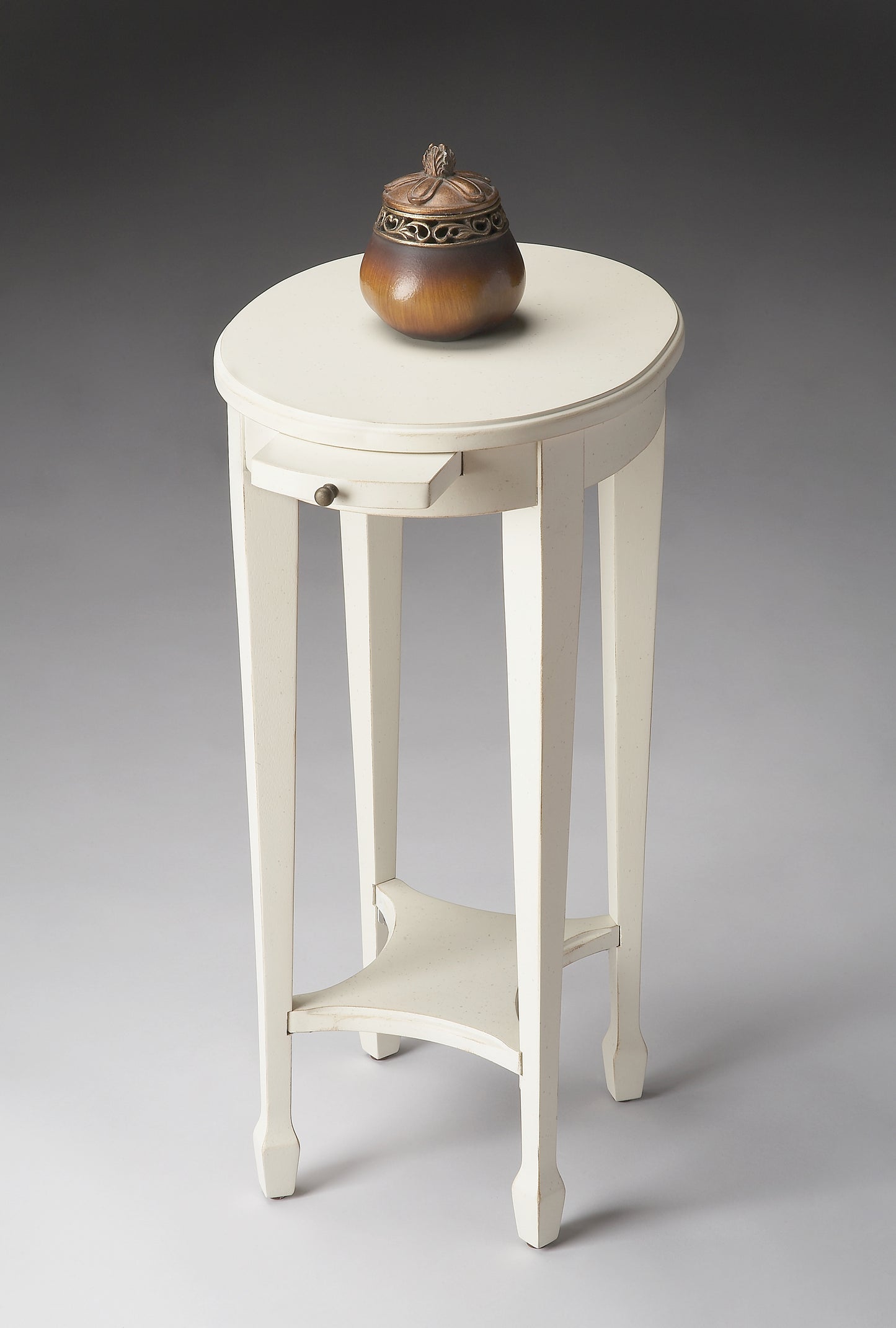 Butler Specialty Company Arielle 12.5 in. W Round Wood Petite Side Table with Pull-Out Tray and Lower Open Shelf, White