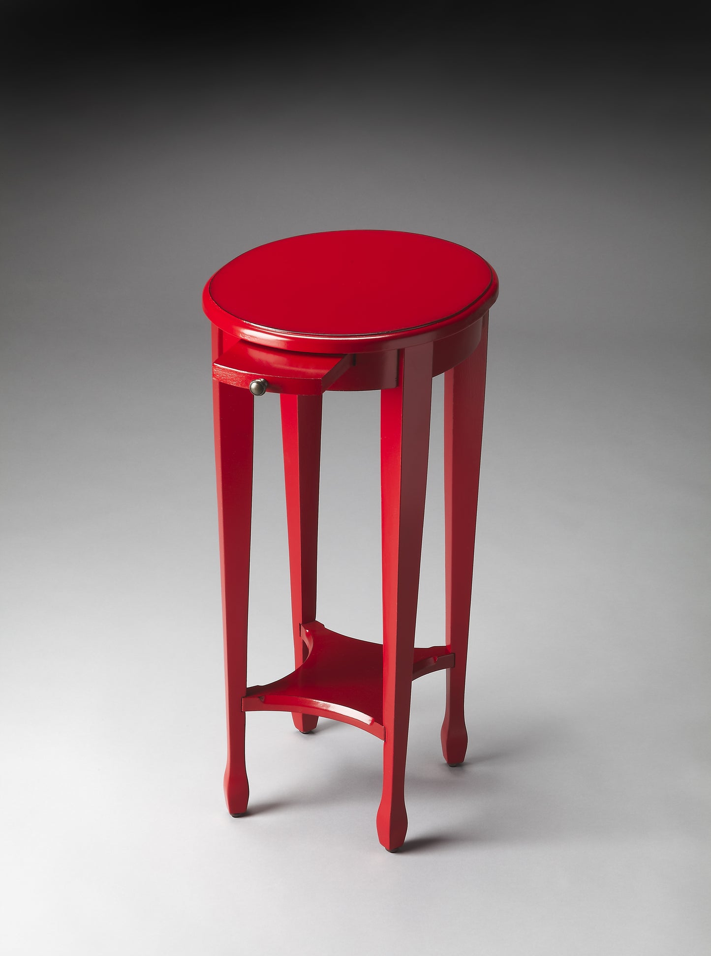Butler Specialty Company Arielle 12.5 in. W Round Wood Petite Side Table with Pull-Out Tray and Lower Open Shelf, Red