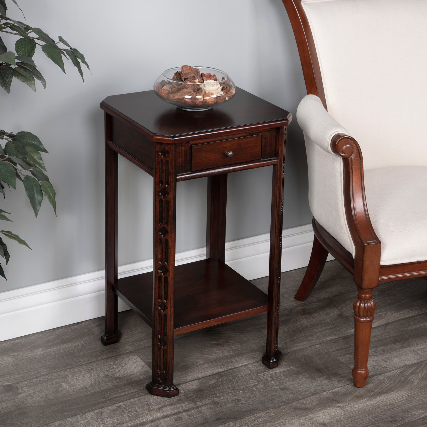 Butler Specialty Company Moyer 15 in. W Square Wood 1 Drawer Side Table with Lower Open Shelf, Dark Brown