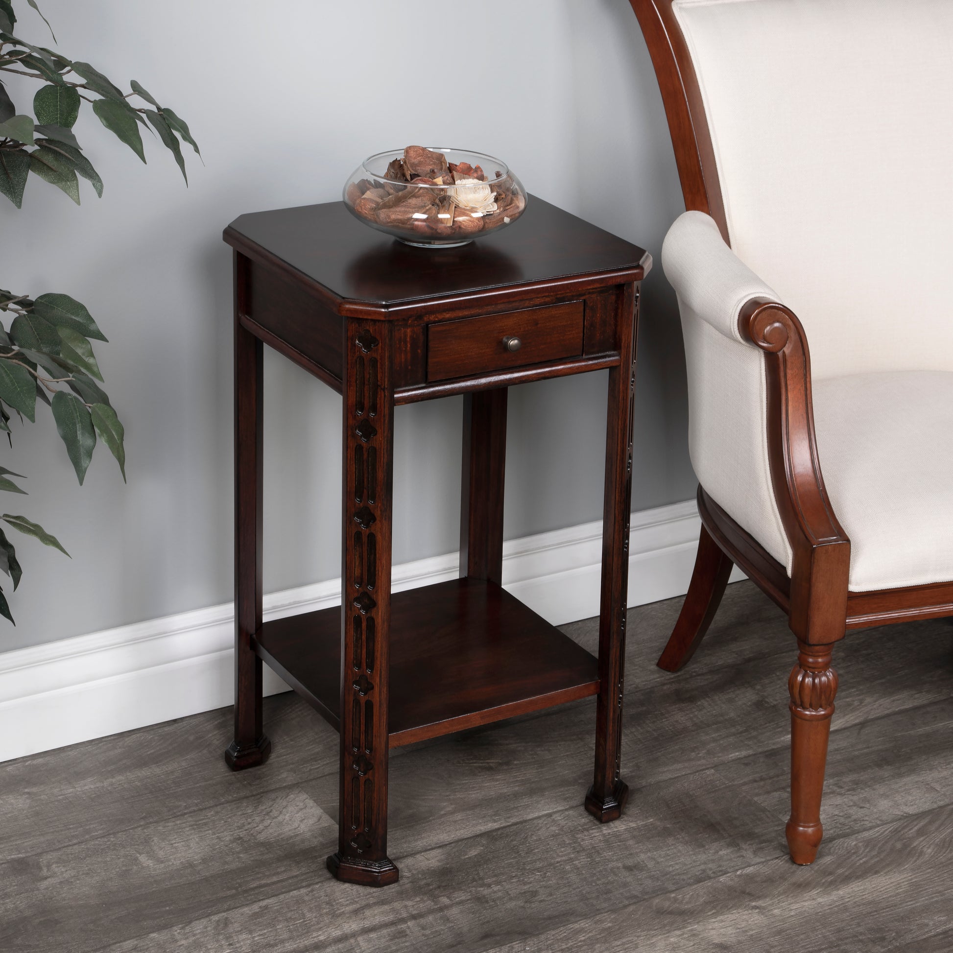 Butler Specialty Company Moyer 15 in. W Square Wood 1 Drawer Side Table with Lower Open Shelf, Dark Brown