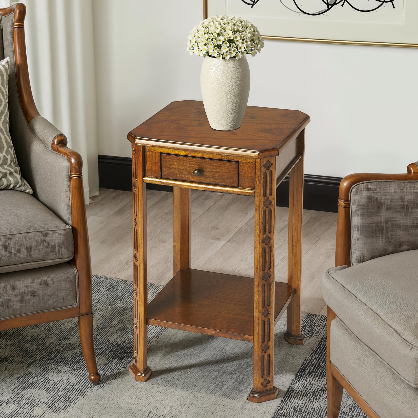 Butler Specialty Company Moyer 15 in. W Square Wood 1 Drawer Side Table with Lower Open Shelf, Medium Brown