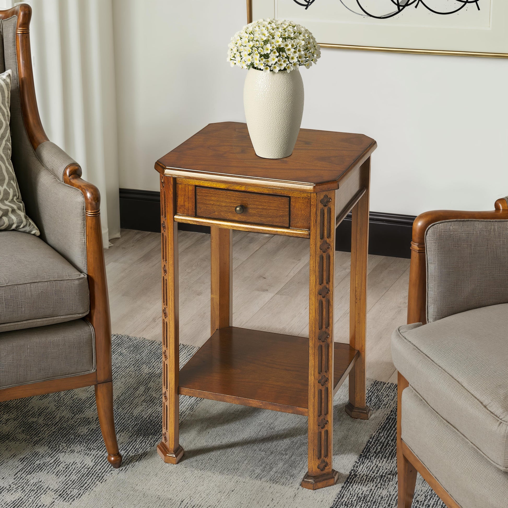 Butler Specialty Company Moyer 15 in. W Square Wood 1 Drawer Side Table with Lower Open Shelf, Medium Brown