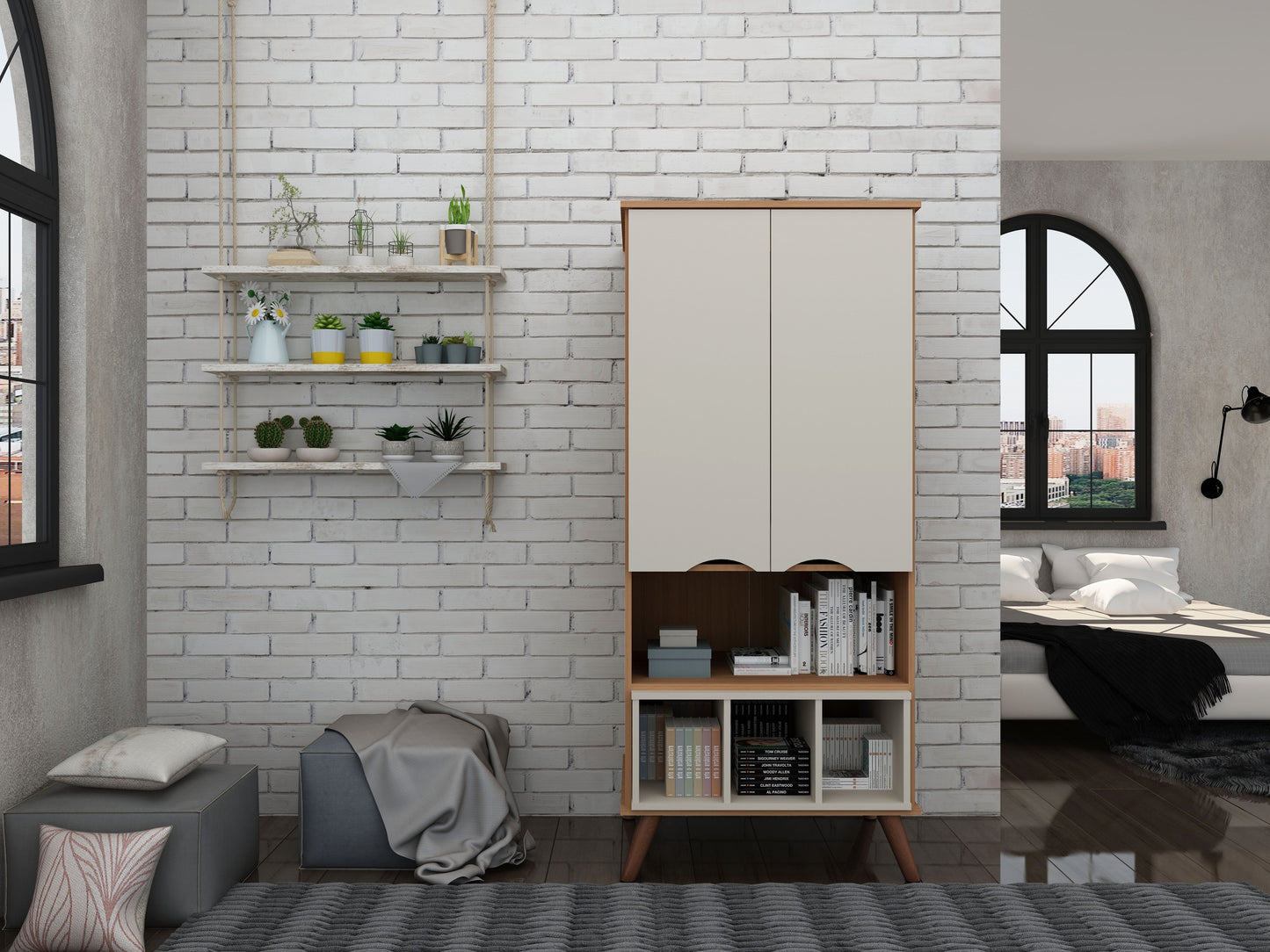 Manhattan Comfort Hampton 26.77 Display Cabinet 6 Shelves and Solid Wood Legs in Off White and Maple Cream 14PMC11