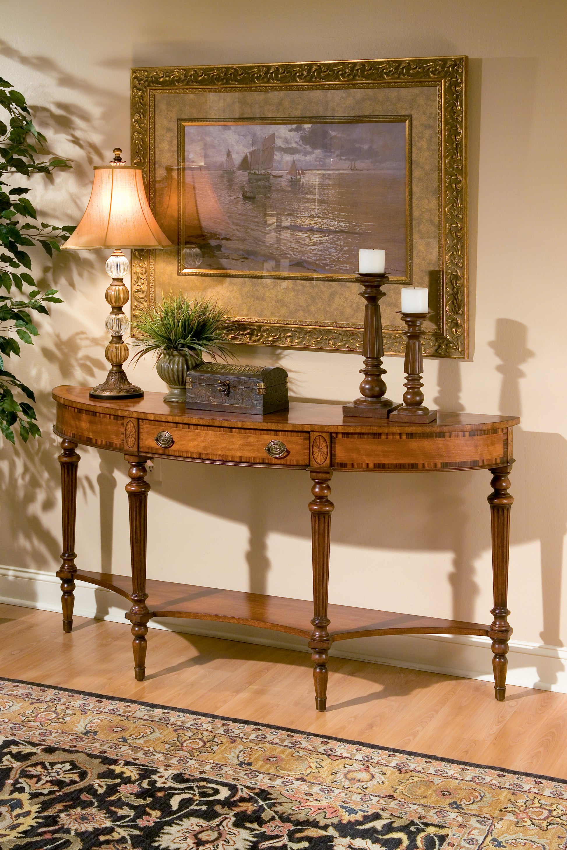 Butler Specialty Company Latham 62 in. W Demilune Wood Traditional 1 Drawer Console Table with Lower Open Shelf, Medium Brown