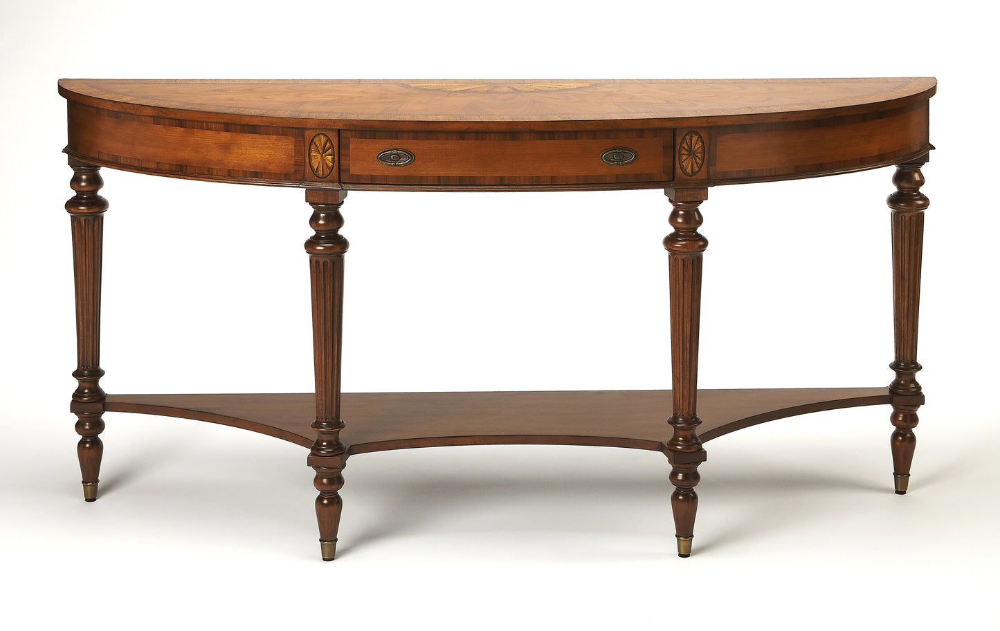 Butler Specialty Company Latham 62 in. W Demilune Wood Traditional 1 Drawer Console Table with Lower Open Shelf, Medium Brown