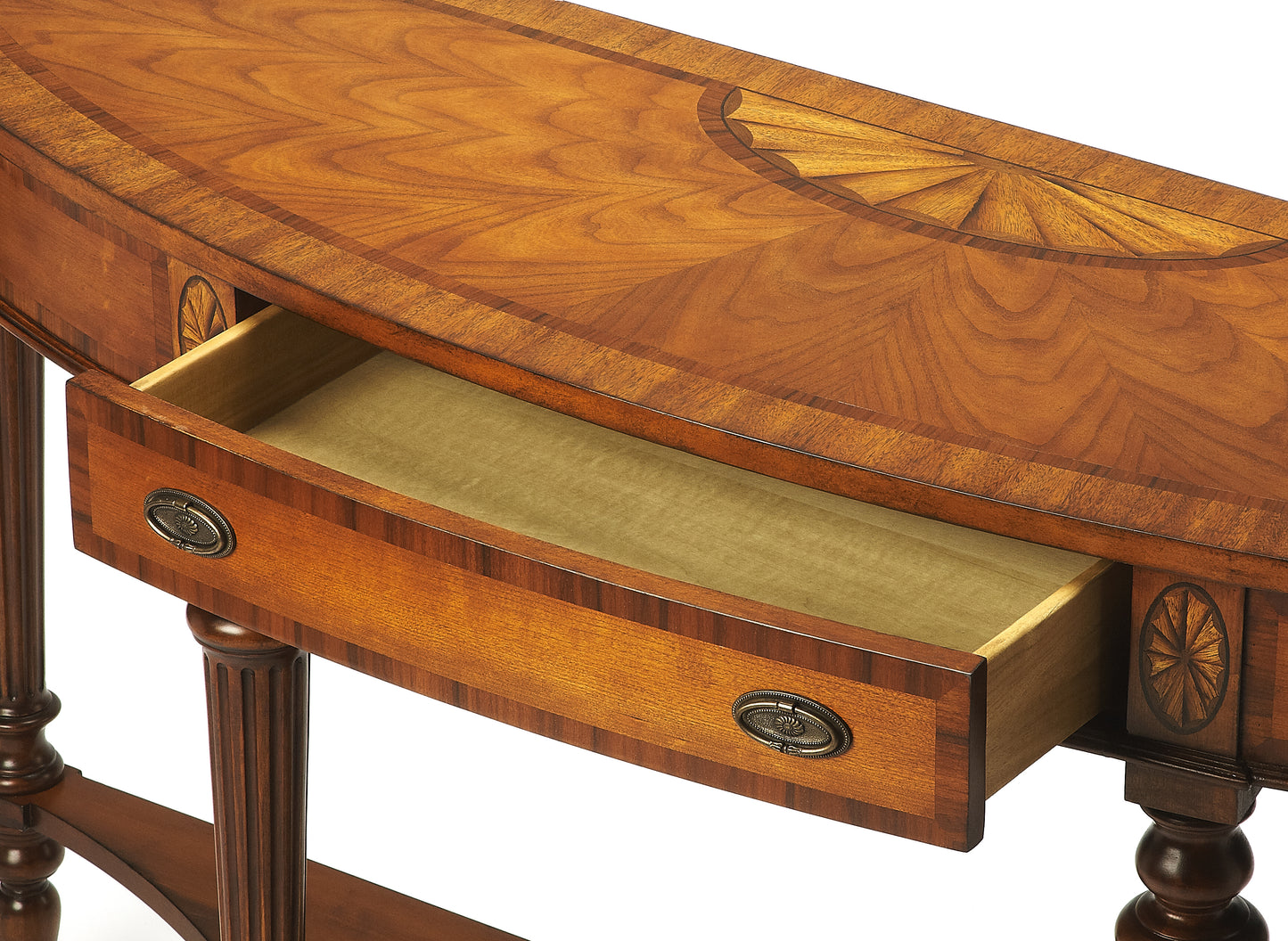 Butler Specialty Company Latham 62 in. W Demilune Wood Traditional 1 Drawer Console Table with Lower Open Shelf, Medium Brown