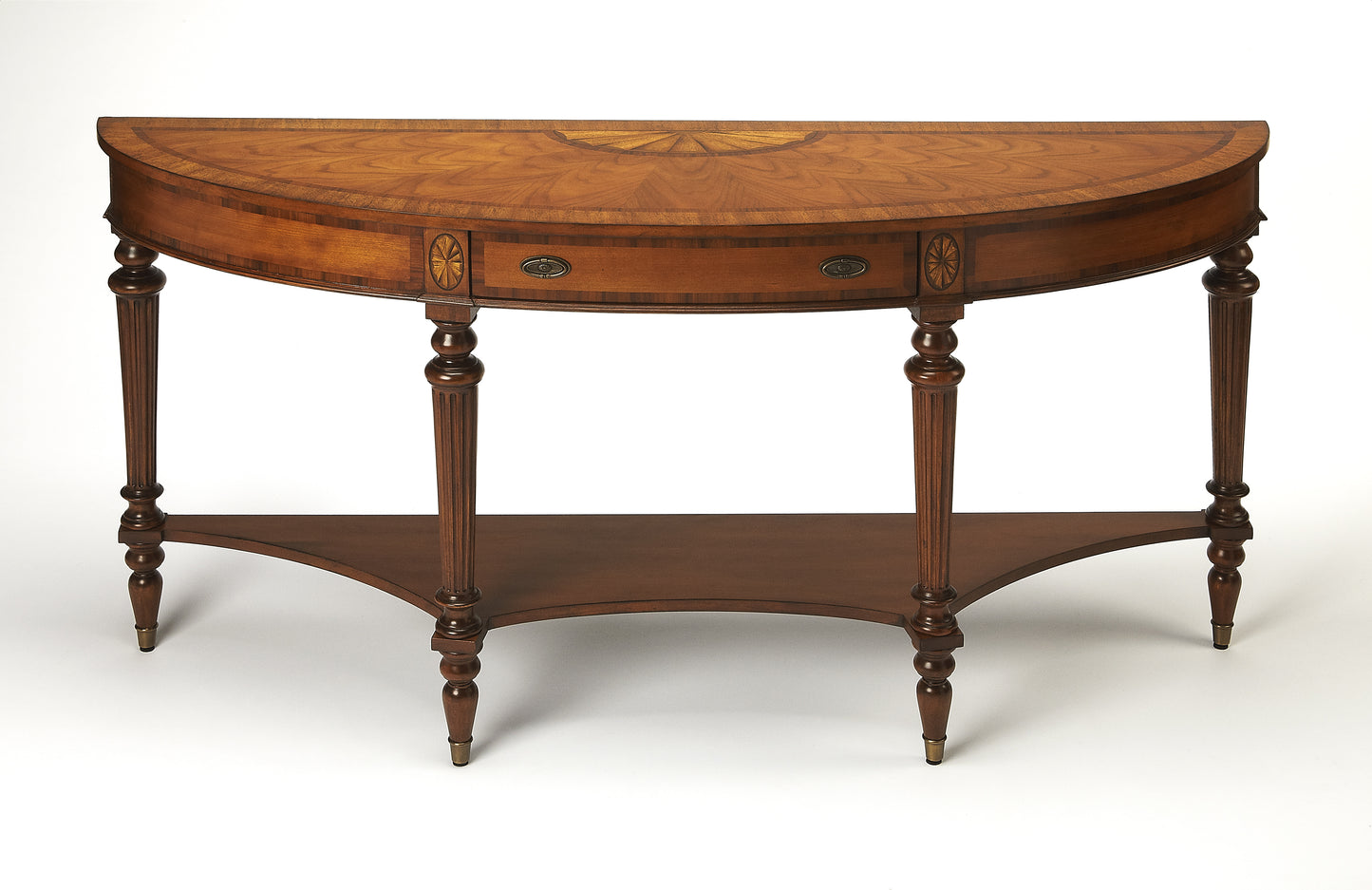 Butler Specialty Company Latham 62 in. W Demilune Wood Traditional 1 Drawer Console Table with Lower Open Shelf, Medium Brown
