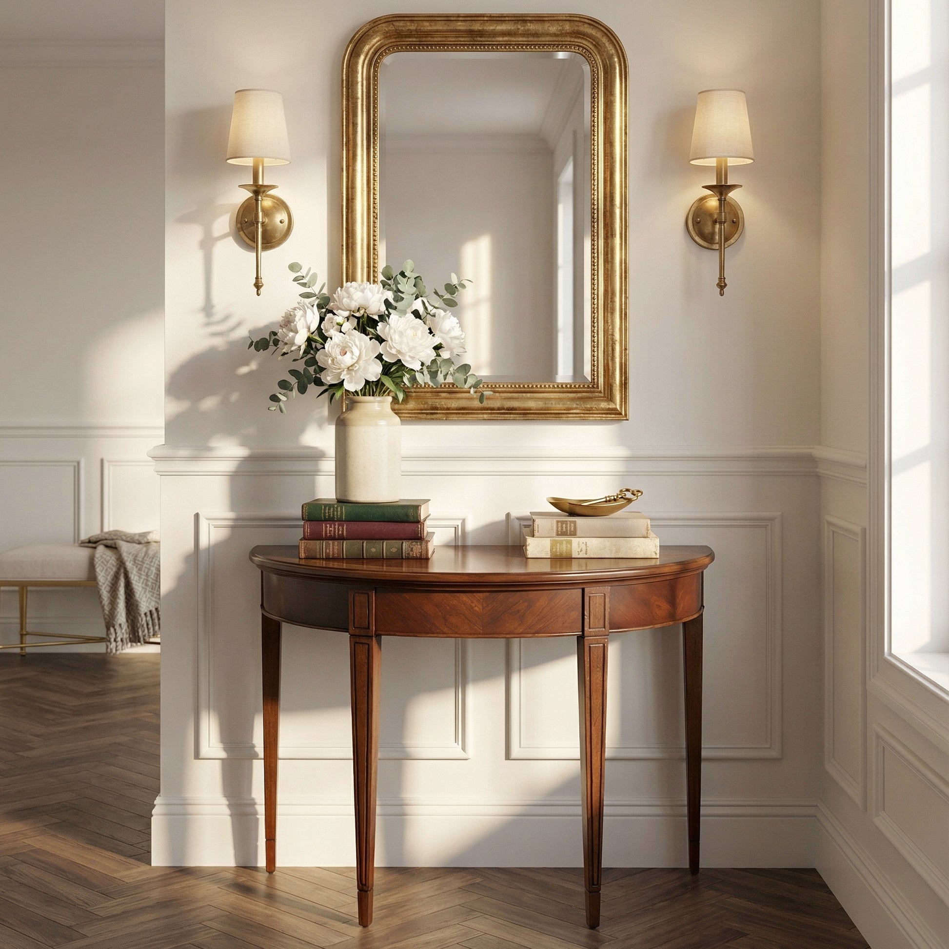 Butler Specialty Company Hampton 36 in. W Demilune Wood 1 Drawer Console Table, Medium Brown