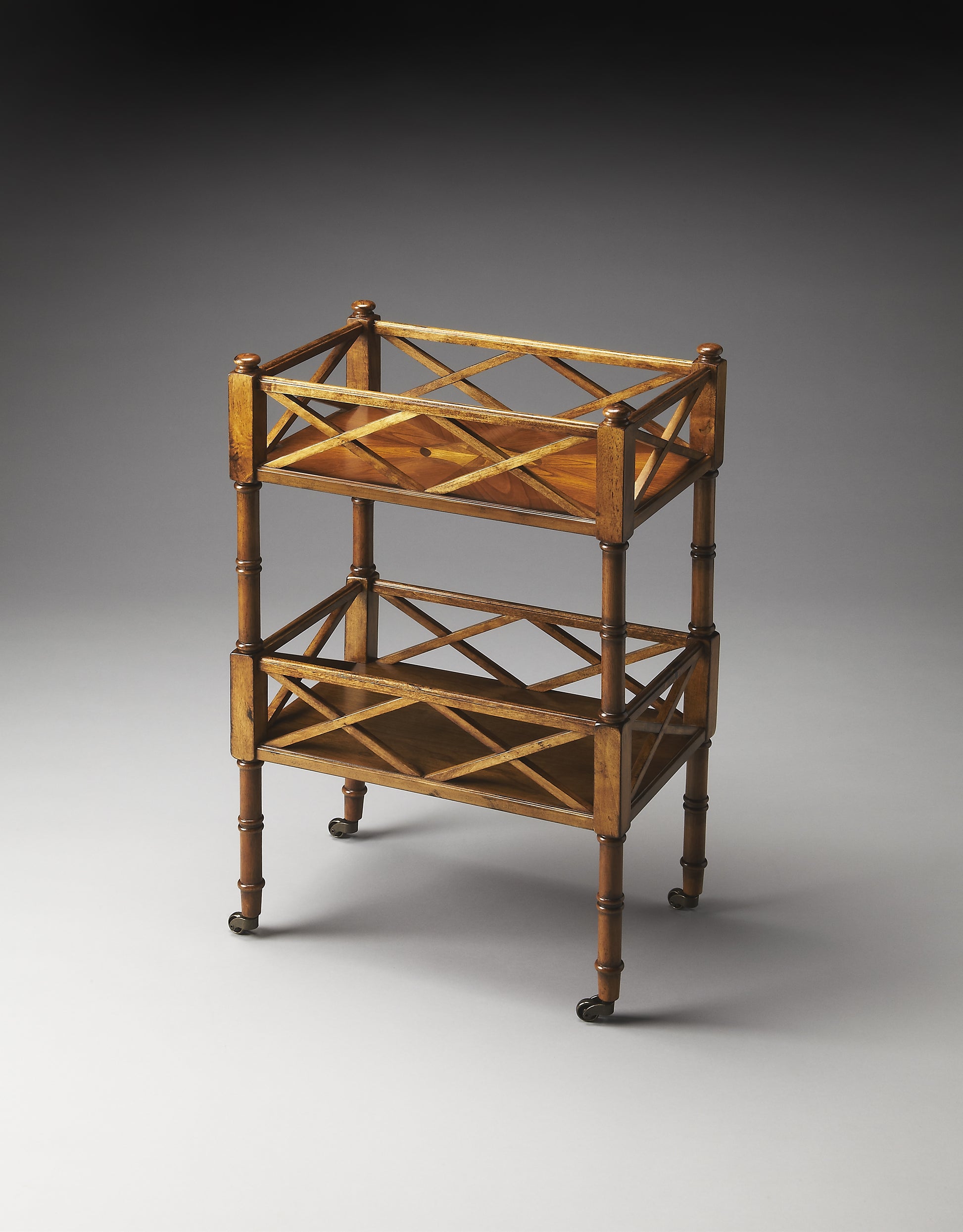 Butler Specialty Company Foster19 in. W Rectangular Wood 2 Tier Bar Cart on Casters, Medium Brown