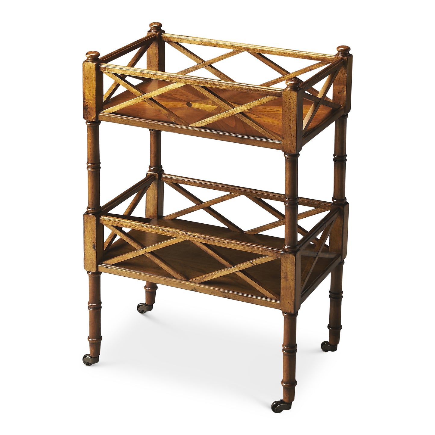 Butler Specialty Company Foster19 in. W Rectangular Wood 2 Tier Bar Cart on Casters, Medium Brown