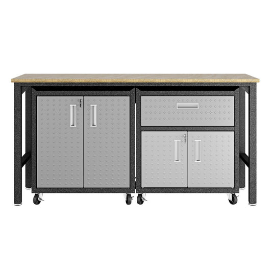 Manhattan Comfort 3-Piece Fortress Mobile Space-Saving Steel Garage Cabinet and Worktable 2.0 in Grey 15GMC