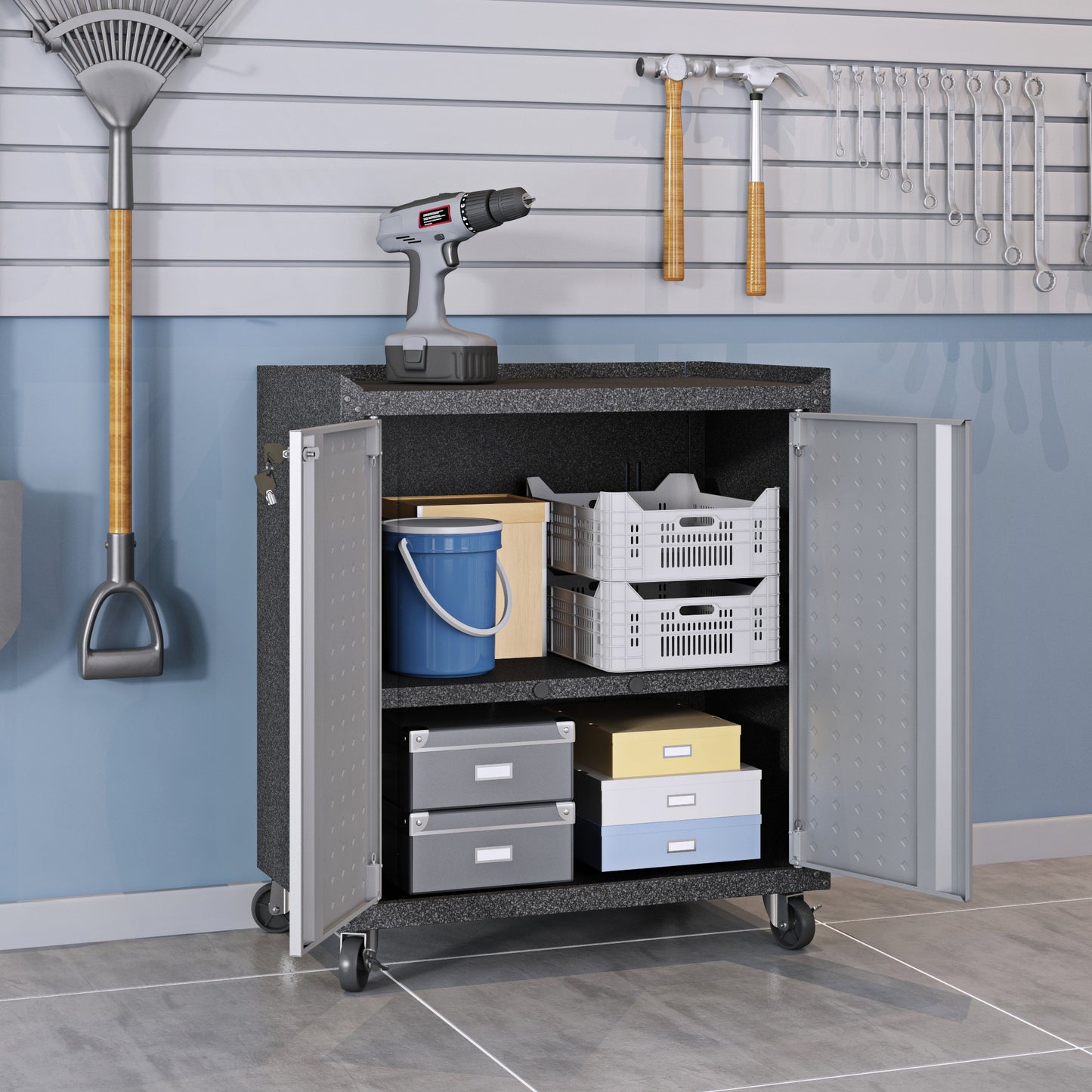 Manhattan Comfort 3-Piece Fortress Mobile Space-Saving Steel Garage Cabinet and Worktable 2.0 in Grey 15GMC