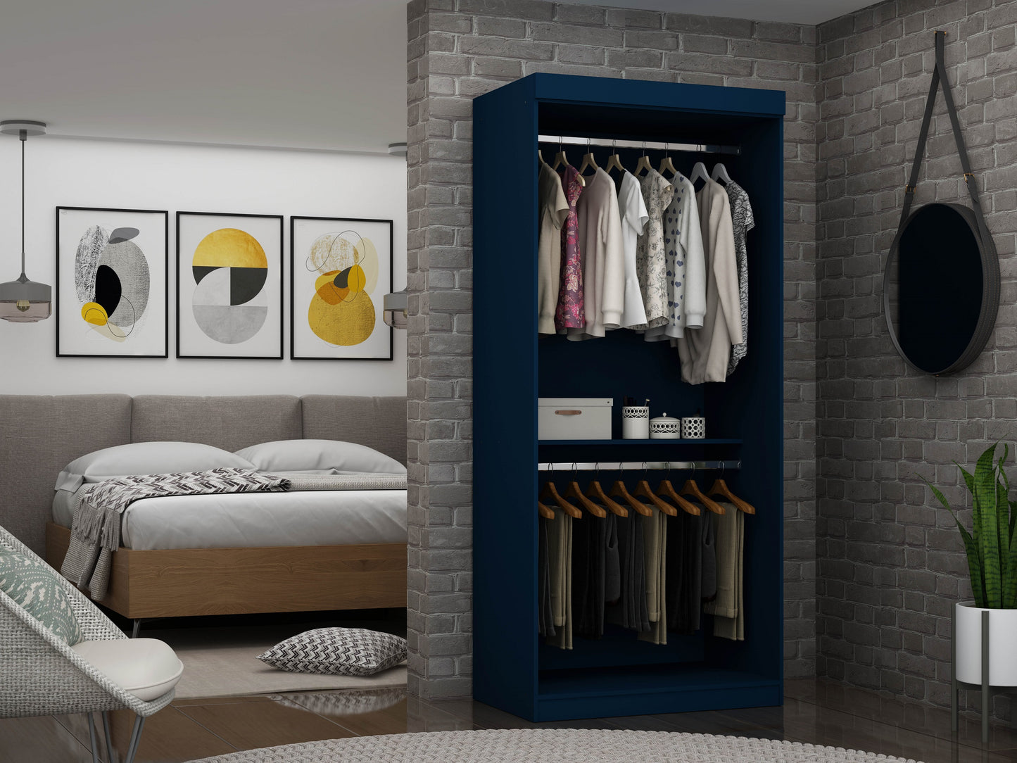 Manhattan Comfort Mulberry 35.9 Open Double Hanging Modern Wardrobe Closet with 2 Hanging Rods in Tatiana Midnight Blue 161GMC4