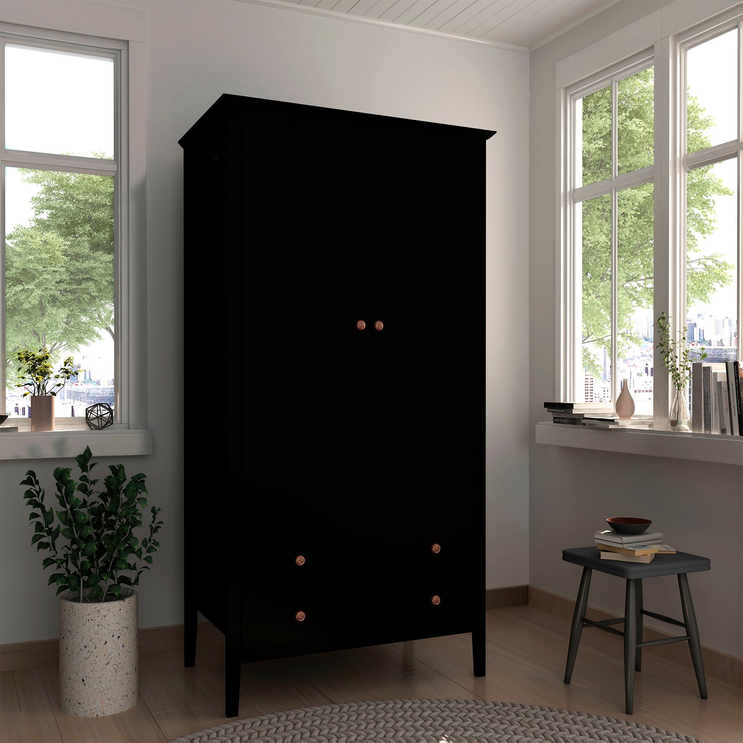 Manhattan Comfort Crown Full Wardrobe with Hanging and 2 Drawers in Black 167GMC2