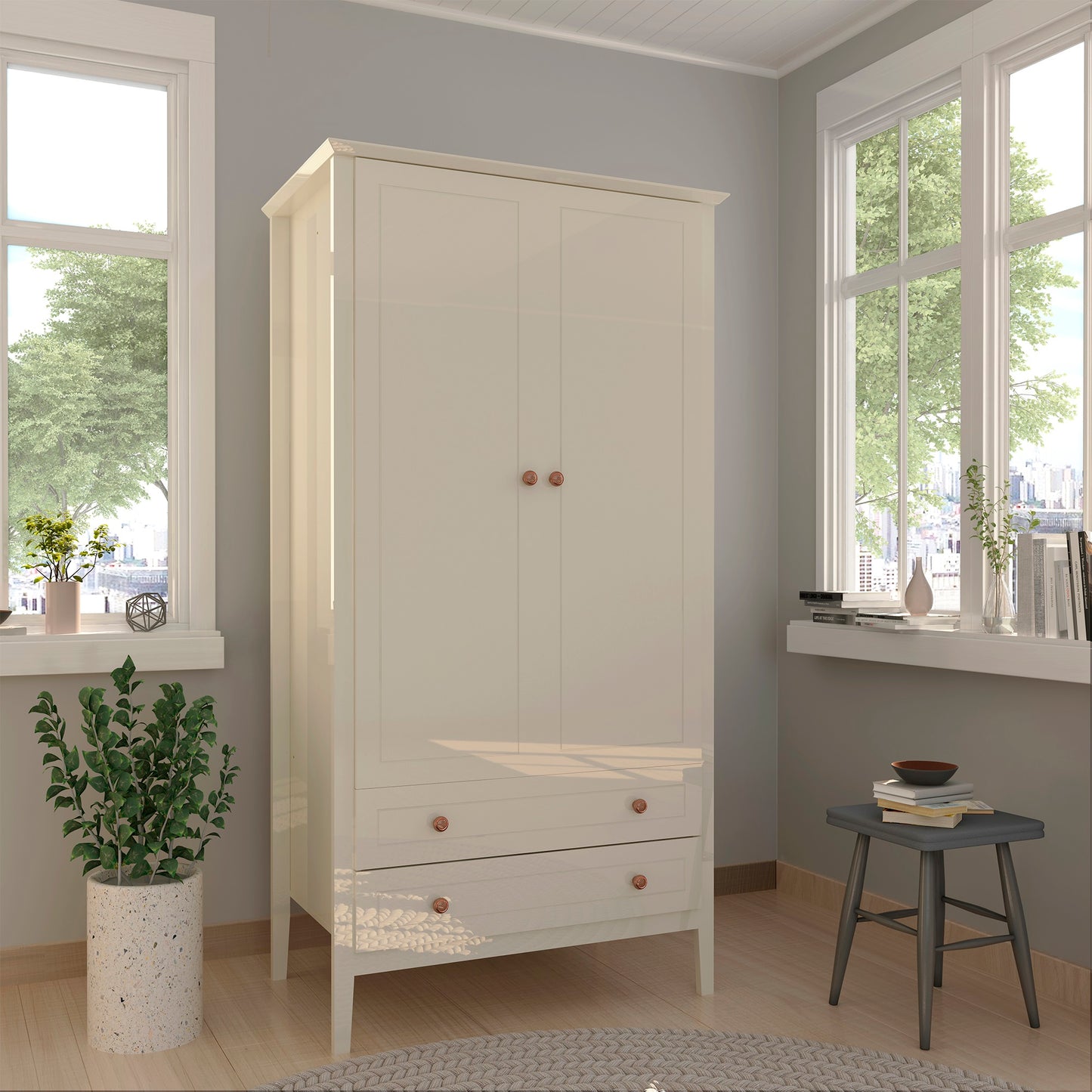 Manhattan Comfort Crown Full Wardrobe with Hanging and 2 Drawers in Off White 167GMC3