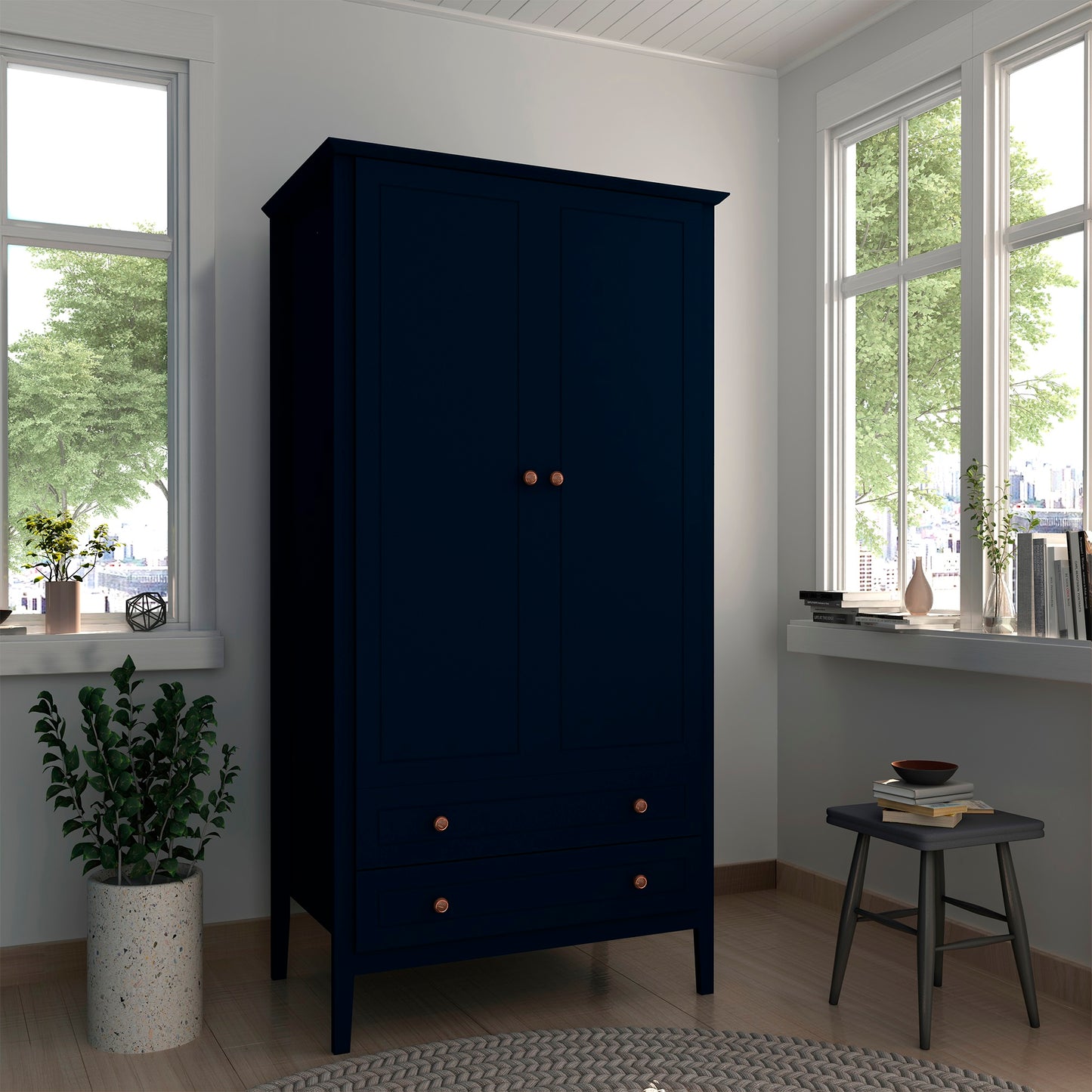 Manhattan Comfort Crown Full Wardrobe with Hanging and 2 Drawers in Tatiana Midnight Blue 167GMC4