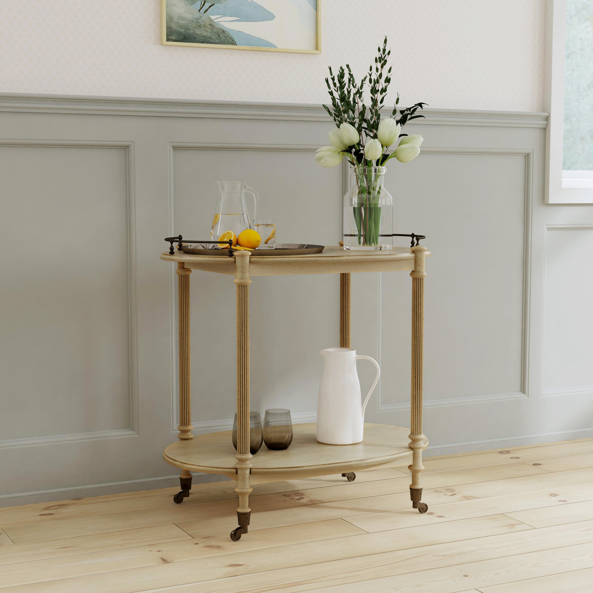 Butler Specialty Company Kathleen 31 in. W Rectangular Wood 2 Tier Bar/Serving Cart on Casters, Beige