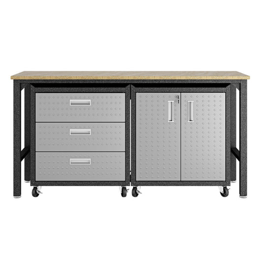 Manhattan Comfort 3-Piece Fortress Mobile Space-Saving Steel Garage Cabinet and Worktable 3.0 in Grey 16GMC