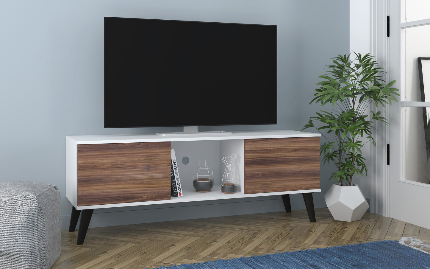 Manhattan Comfort Doyers 53.15 Mid-Century Modern TV Stand in White and Nut Brown 174AMC188