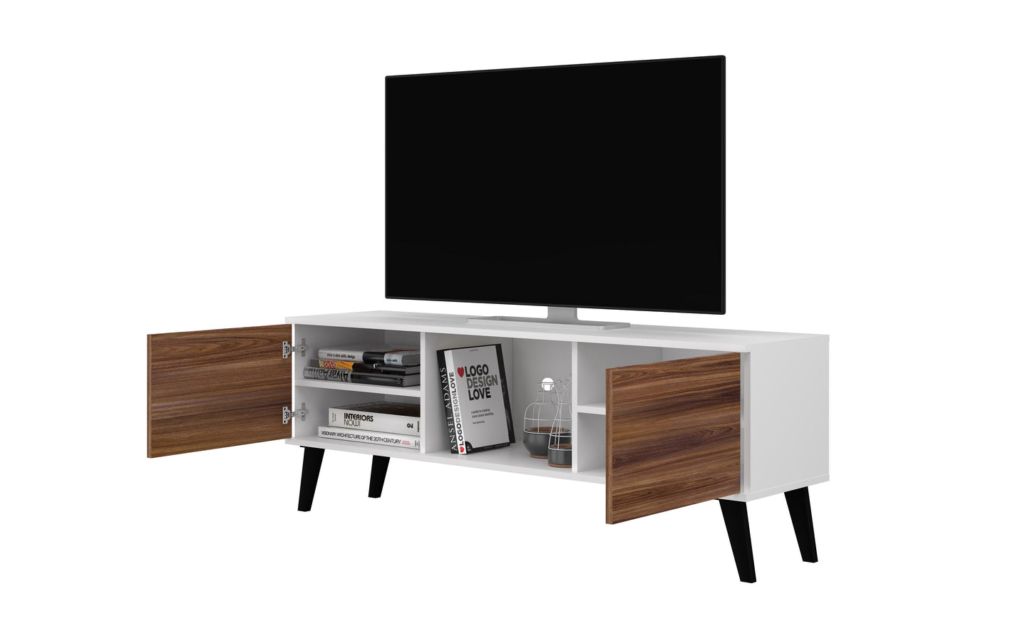 Manhattan Comfort Doyers 53.15 Mid-Century Modern TV Stand in White and Nut Brown 174AMC188