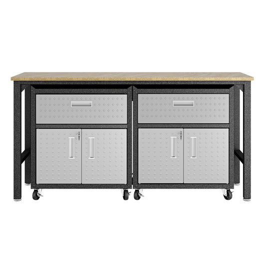 Manhattan Comfort 3-Piece Fortress Mobile Space-Saving Steel Garage Cabinet and Worktable 4.0 in Grey 17GMC