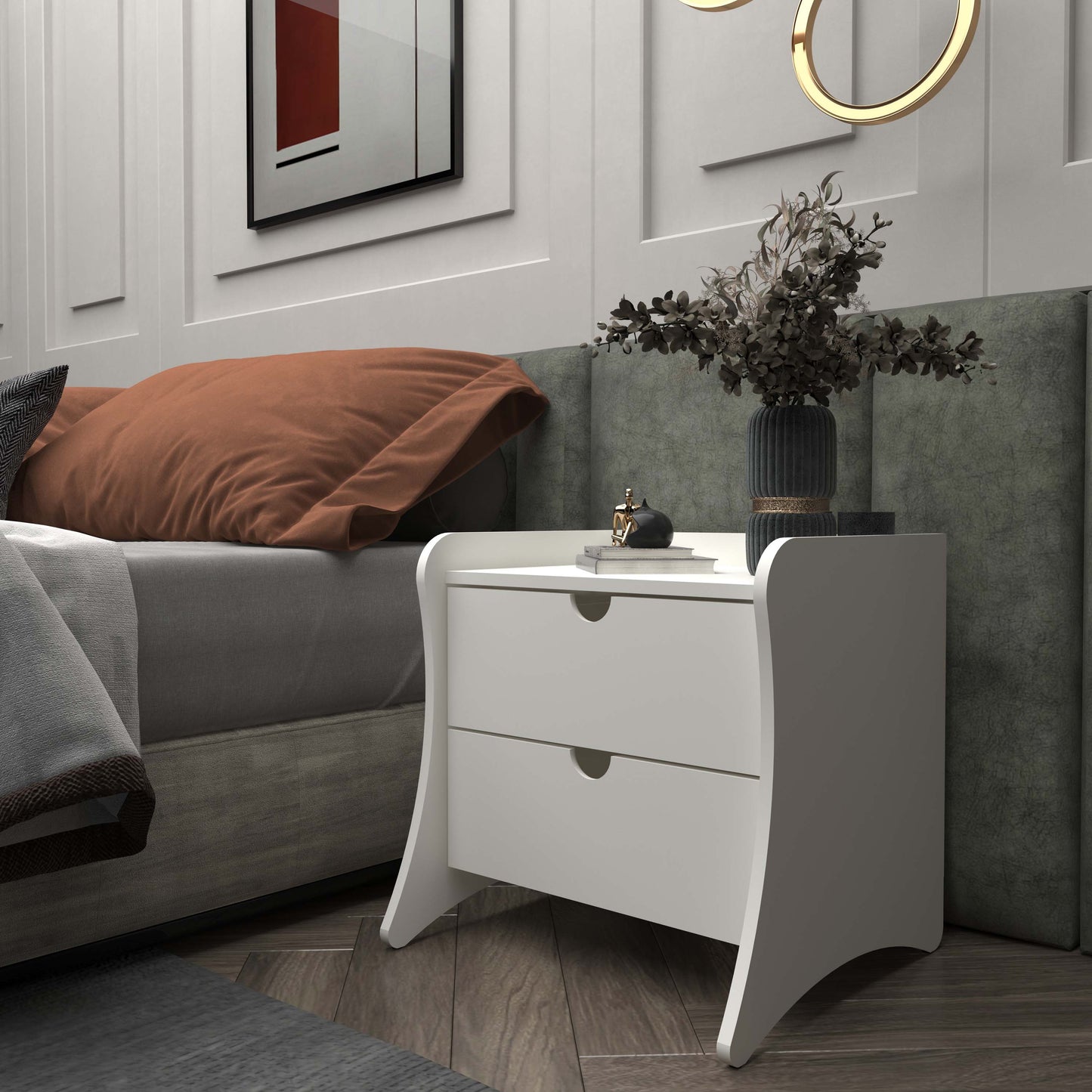 Manhattan Comfort Coney Mid-Century Modern 2-Drawer Nightstand in White 181GMC1