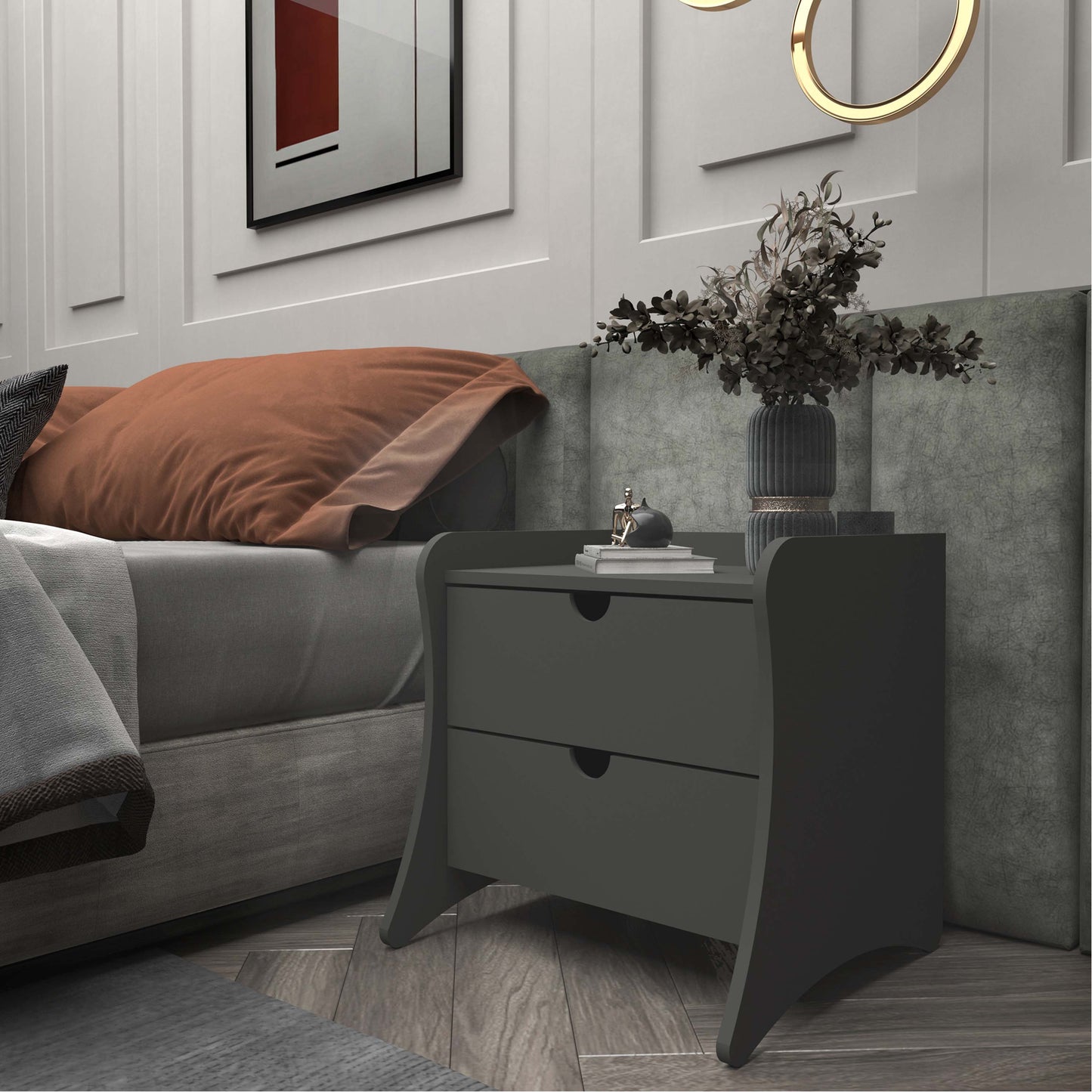 Manhattan Comfort Coney Mid-Century Modern 2-Drawer Nightstand in Grey 181GMC9