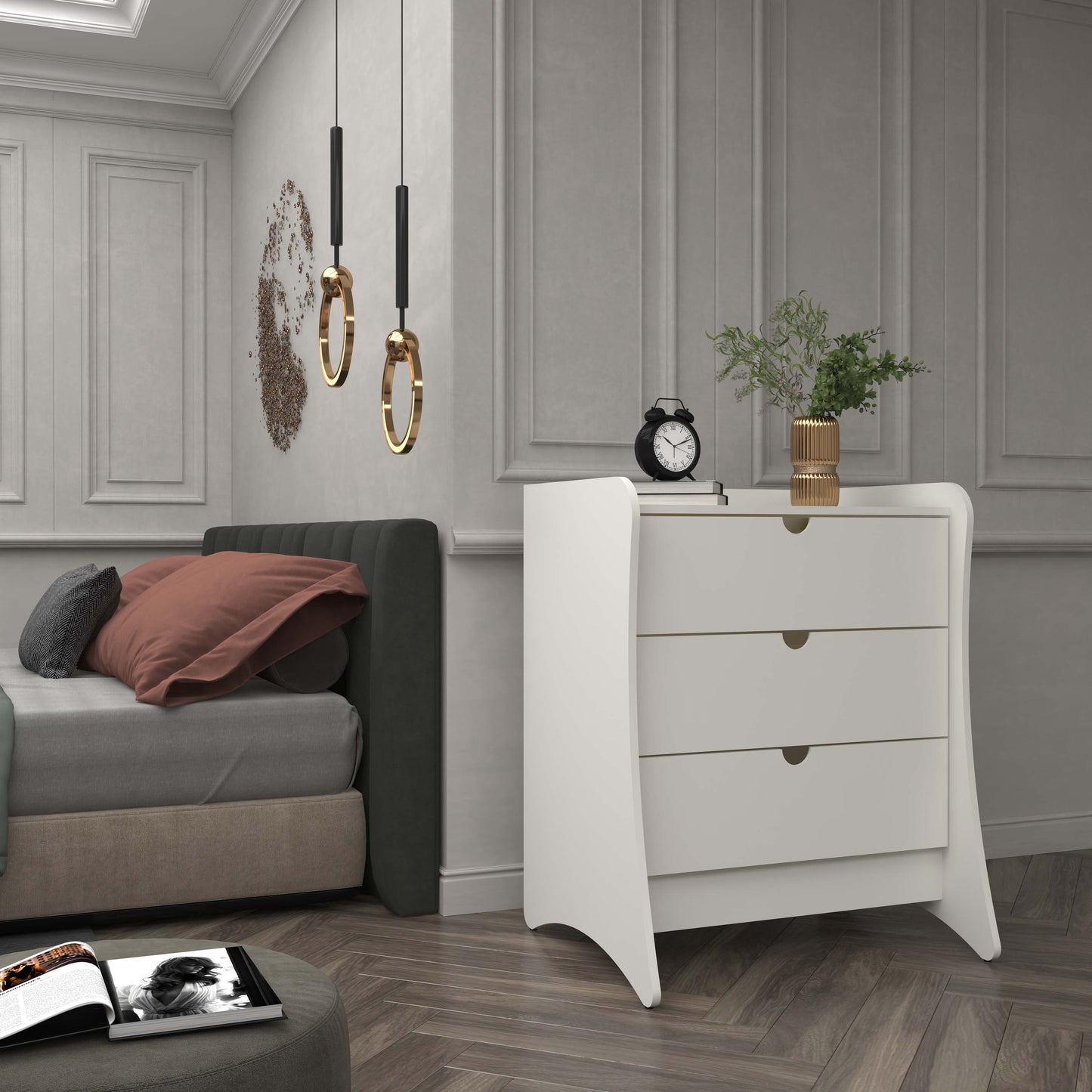 Manhattan Comfort Coney Mid-Century Modern 3-Drawer Dresser in White 182GMC1