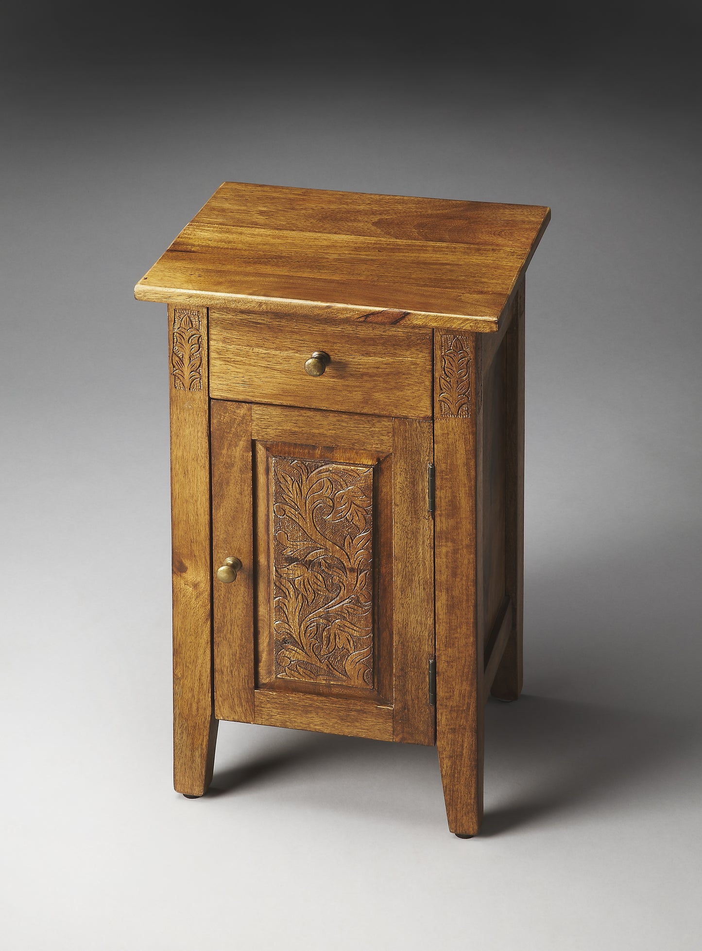 Butler Specialty Company Wester 14 in. W Rectangular Solid Wood Hand Carved 1 Drawer 1 Door Accent Side Table, Light Brown