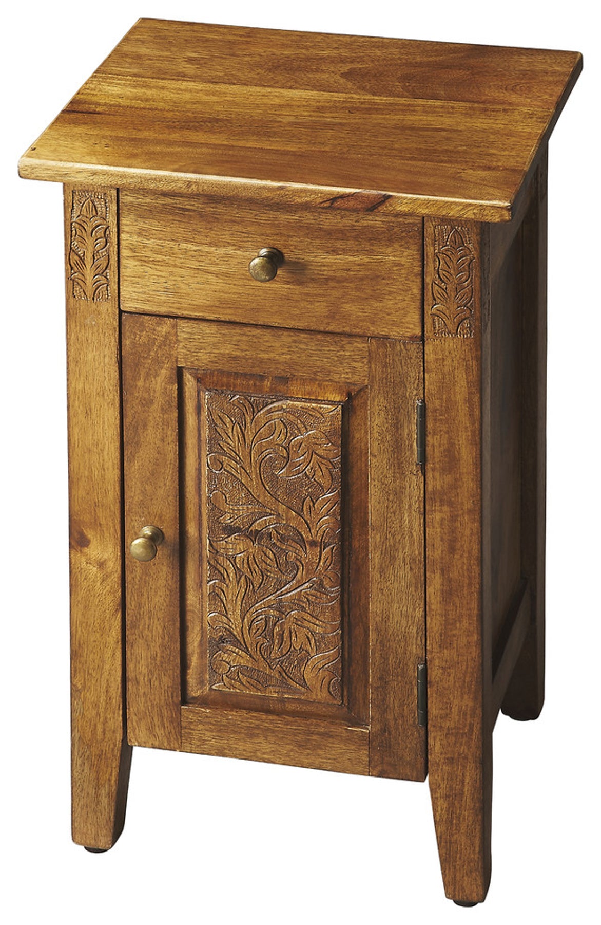 Butler Specialty Company Wester 14 in. W Rectangular Solid Wood Hand Carved 1 Drawer 1 Door Accent Side Table, Light Brown