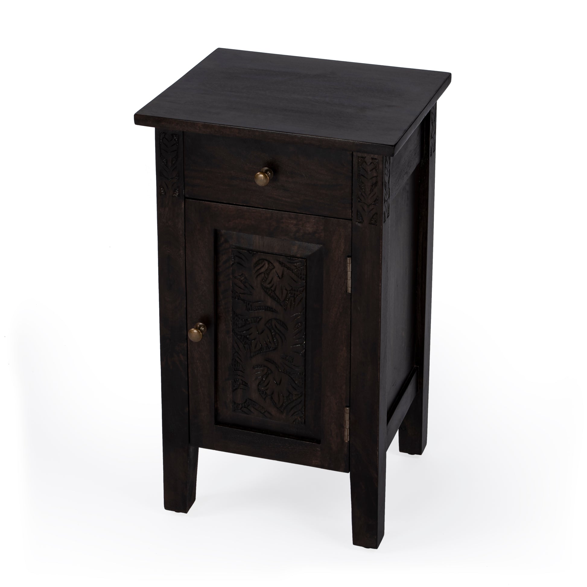 Butler Specialty Company Wester 14 in. W Rectangular Solid Wood Hand Carved 1 Drawer 1 Door Accent Side Table, Dark Brown
