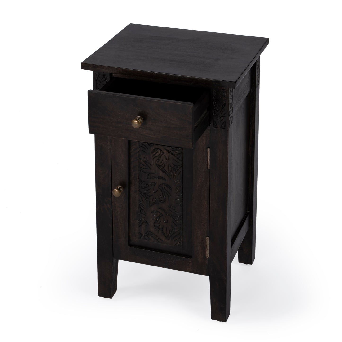 Butler Specialty Company Wester 14 in. W Rectangular Solid Wood Hand Carved 1 Drawer 1 Door Accent Side Table, Dark Brown