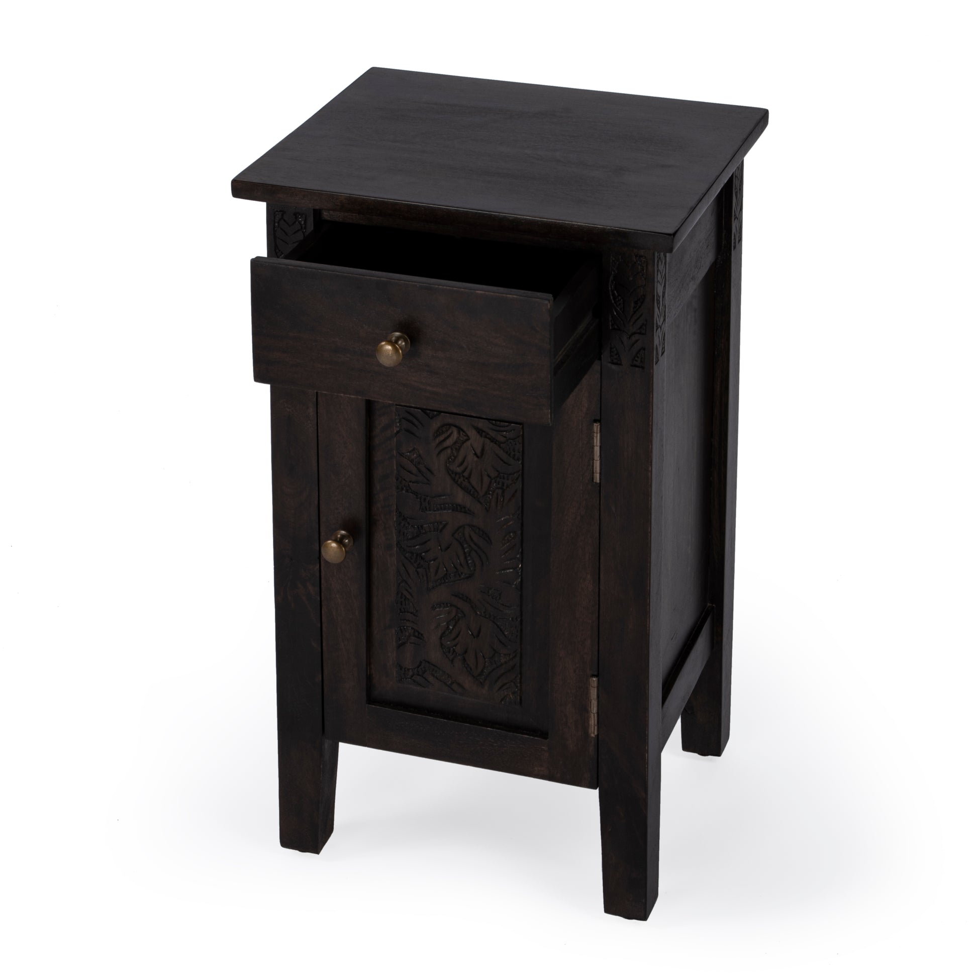 Butler Specialty Company Wester 14 in. W Rectangular Solid Wood Hand Carved 1 Drawer 1 Door Accent Side Table, Dark Brown