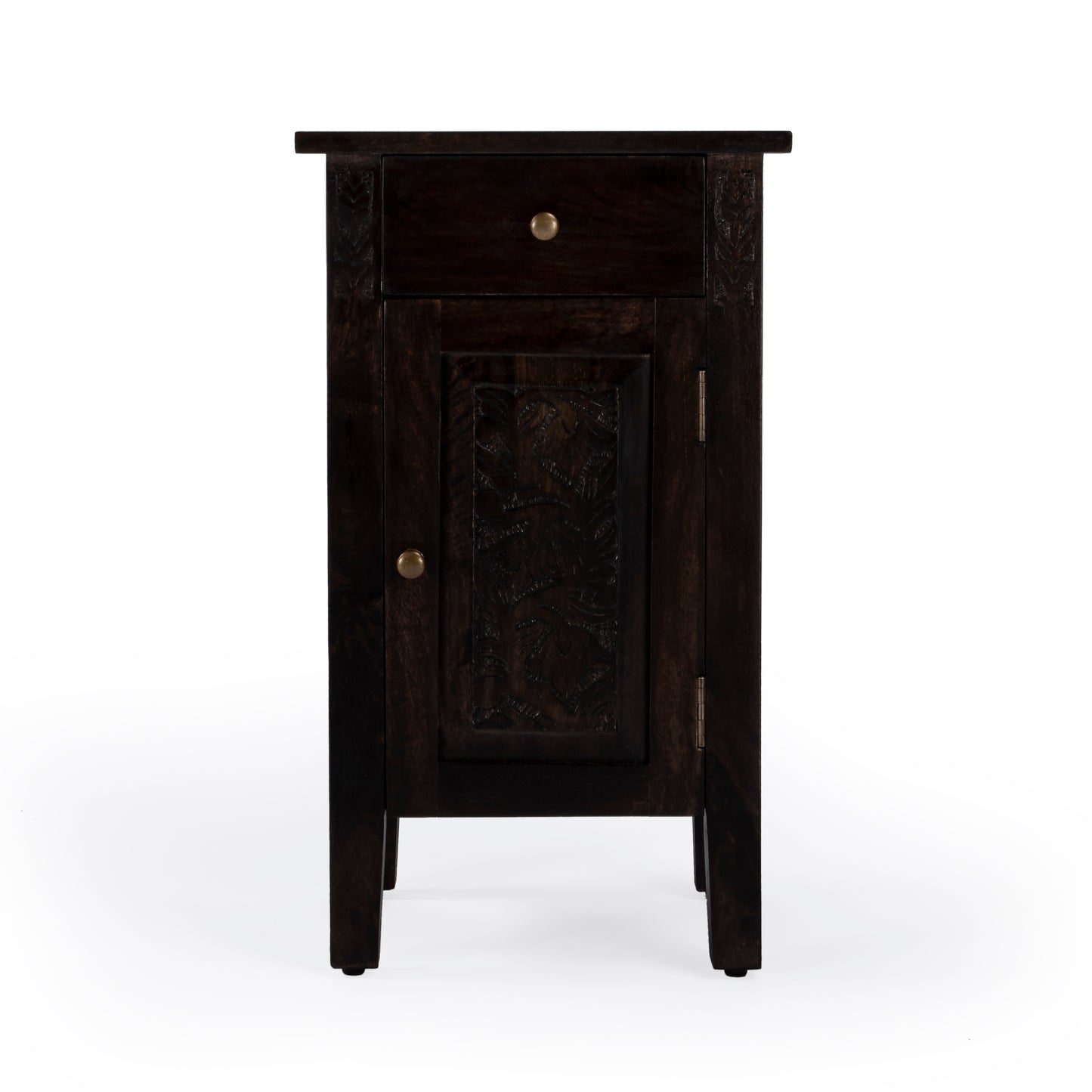 Butler Specialty Company Wester 14 in. W Rectangular Solid Wood Hand Carved 1 Drawer 1 Door Accent Side Table, Dark Brown